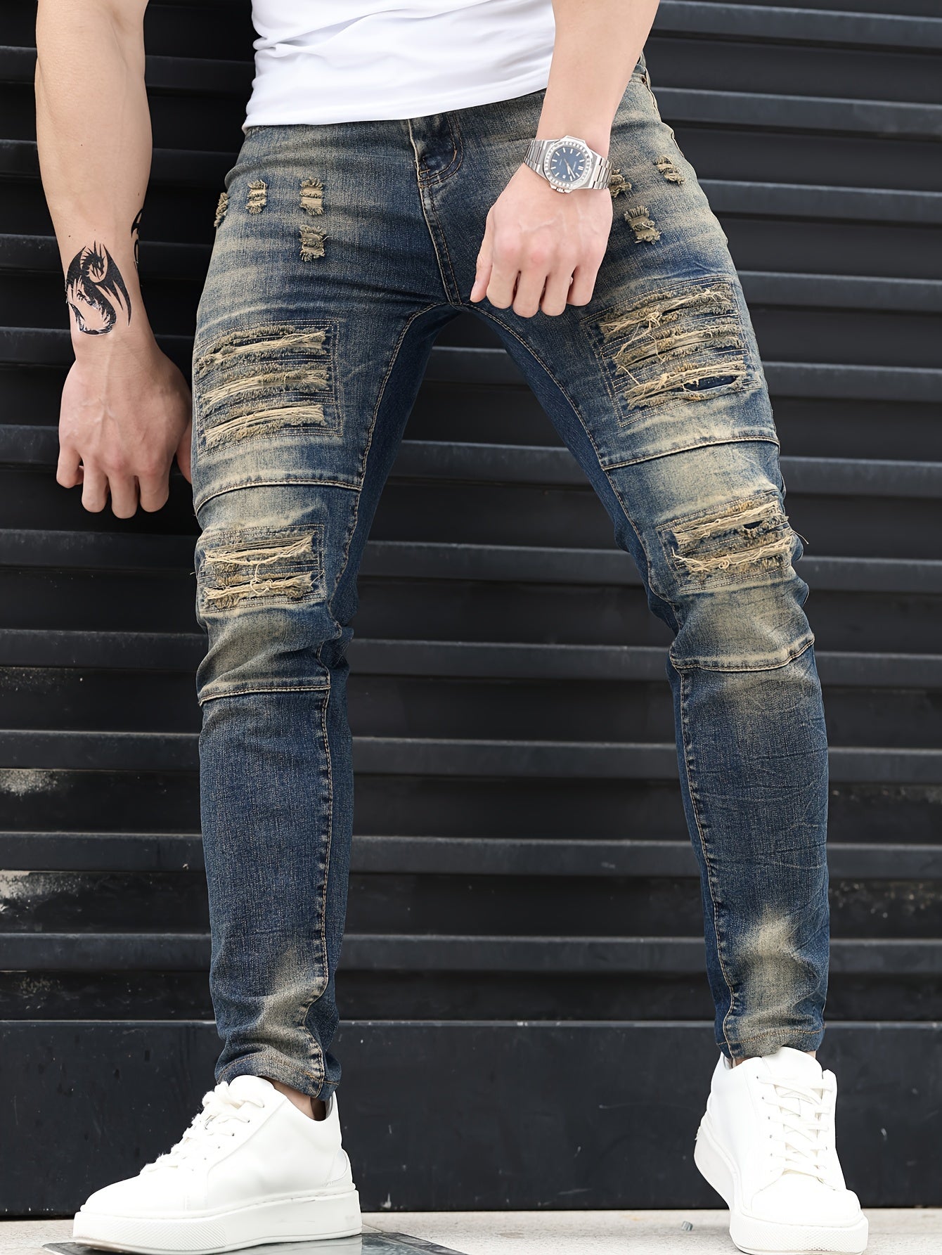 Stylish Gradient Ripped Skinny Jeans - Soft Cotton Blend, Slim Fit, Casual Street Style, Perfect for Spring Summer, Men's Fashion Essential