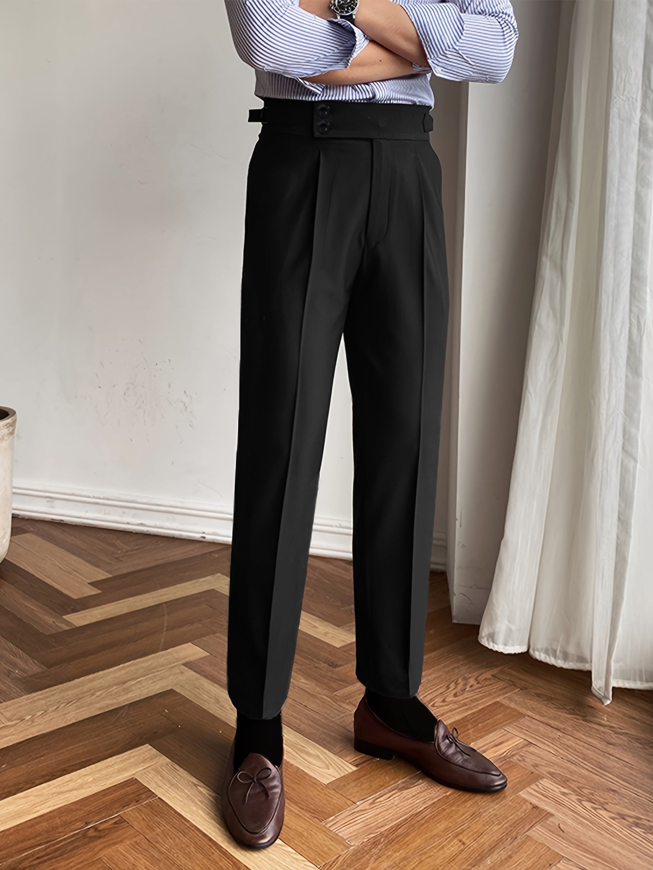 1pc Men's Italian Paris Buckle Design Slim Fit Casual Business Trousers, Solid Color, Polyester Blend, All-Season, Button Detail, Woven Fabric