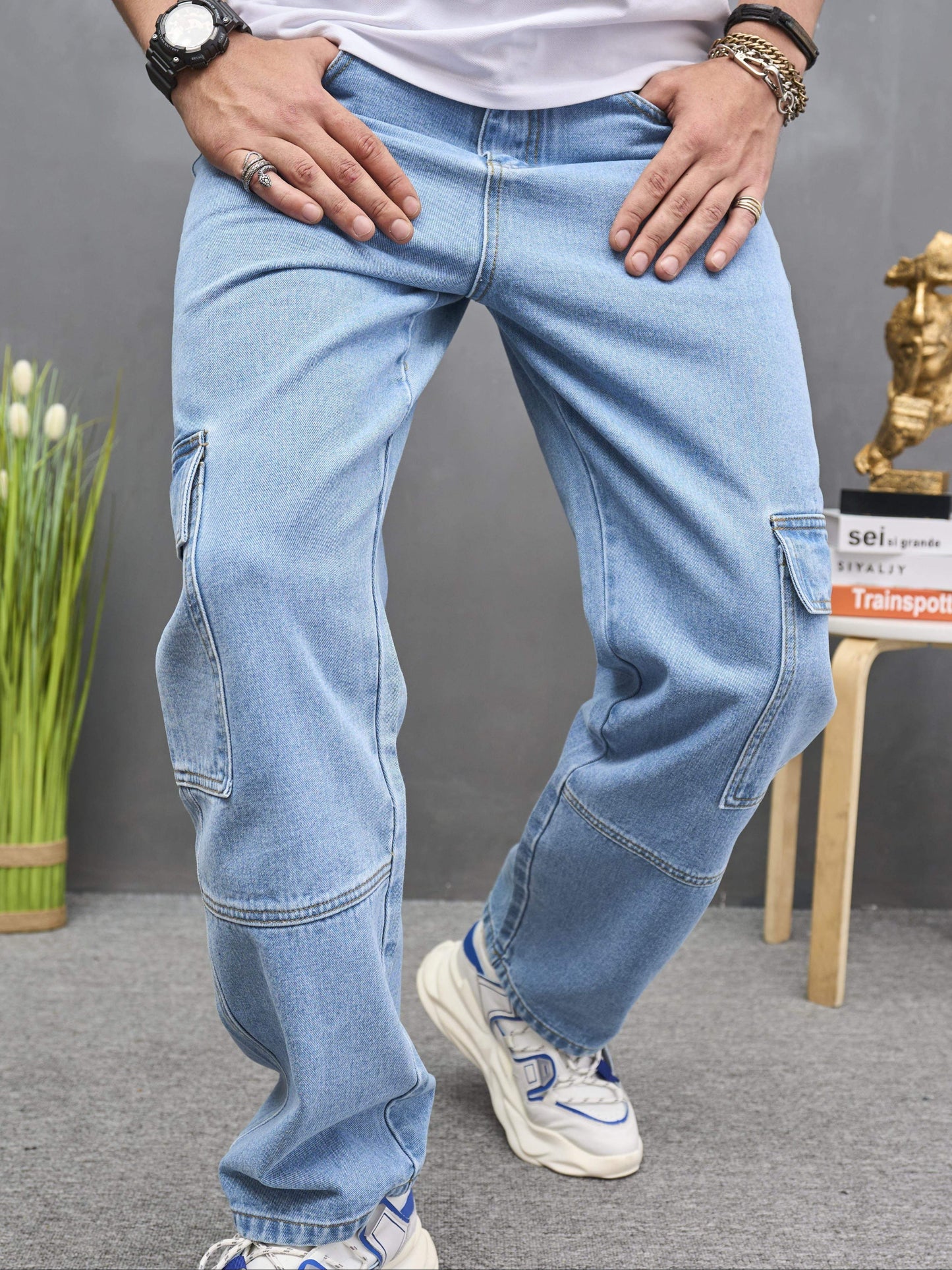 Men's Casual Fashion Multi-Pocket Cargo Jeans, Loose Fit Wide Leg Streetwear Denim Pants, Basic Style