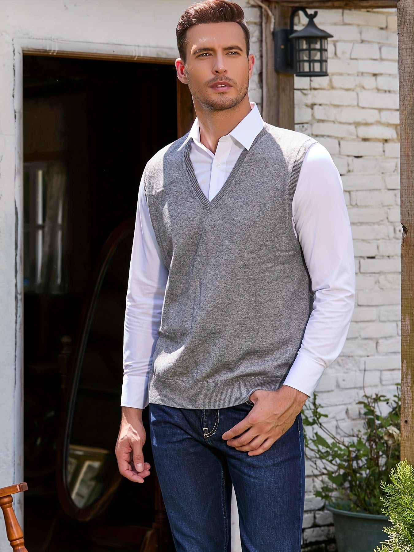 Men's V-neck Solid Casual Cotton Sleeveless Knitted Sweater Vest, Men's Clothing For Autumn Winter