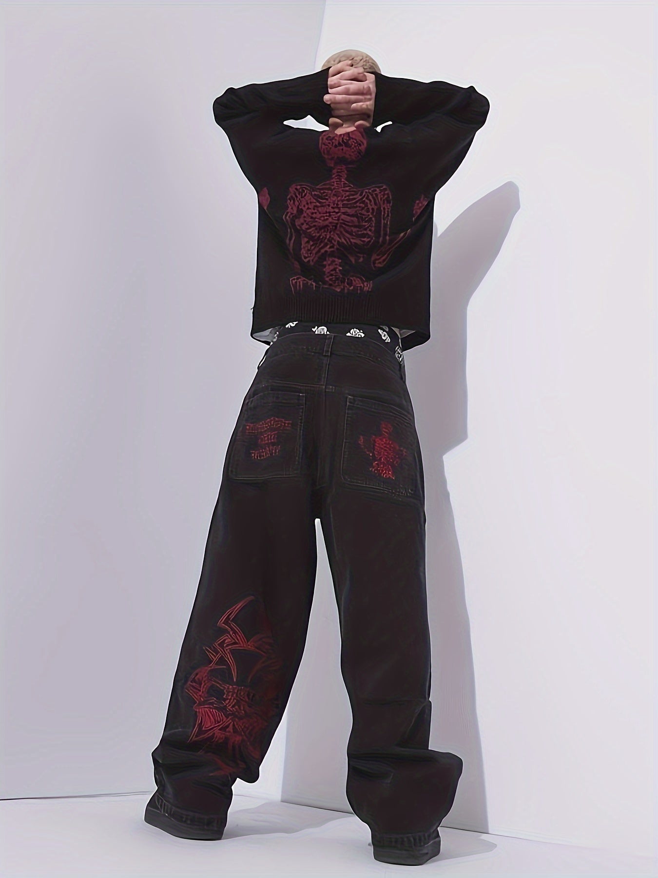 Mens Skeleton Embroidered Jeans - Cotton Blend, Ultra-Loose & Baggy, Pockets, Street Chic Style - A Fashionable Gift for Him