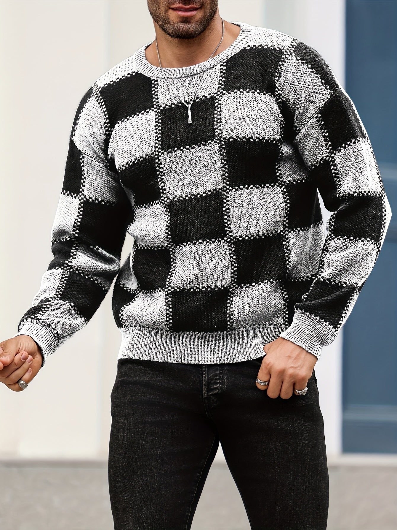 Men's Color Blocking Textured Checked Print Casual Trendy Sweater, Long Sleeve Pullover As Gift For Fall And Winter