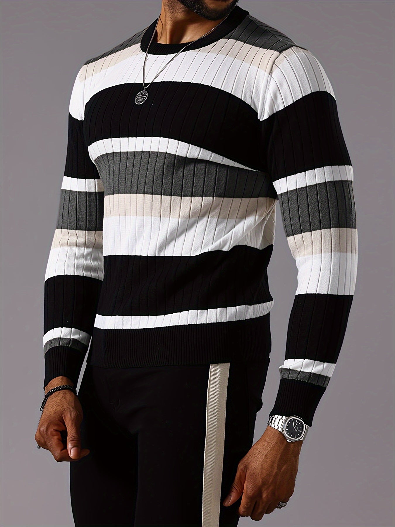 Men's Color Block Knitted Pullover, Casual Long Sleeve Crew Neck Sweater For Fall Winter