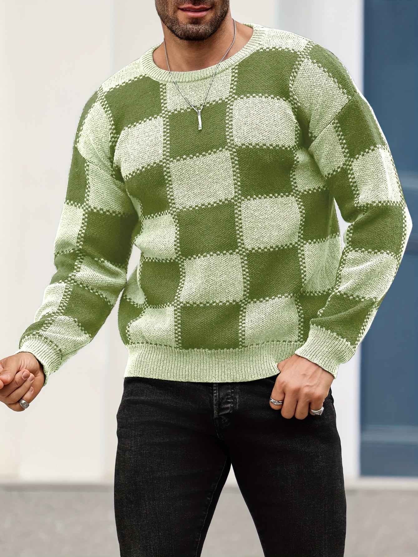 Men's Color Blocking Textured Checked Print Casual Trendy Sweater, Long Sleeve Pullover As Gift For Fall And Winter