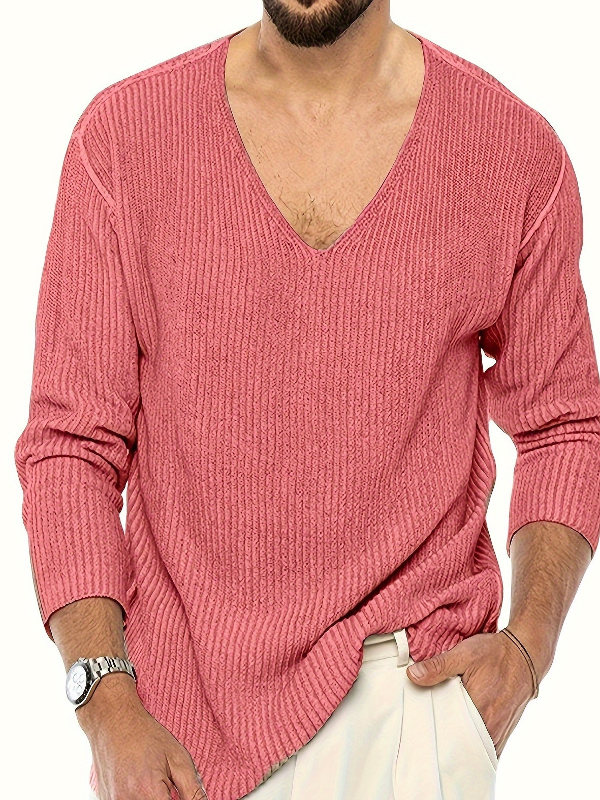 Plus Size Men's V-Neck Sweater - Cozy Knit Pullover for Spring & Fall, Stylish Casual Wear for Outdoor Comfort & Easy Layering