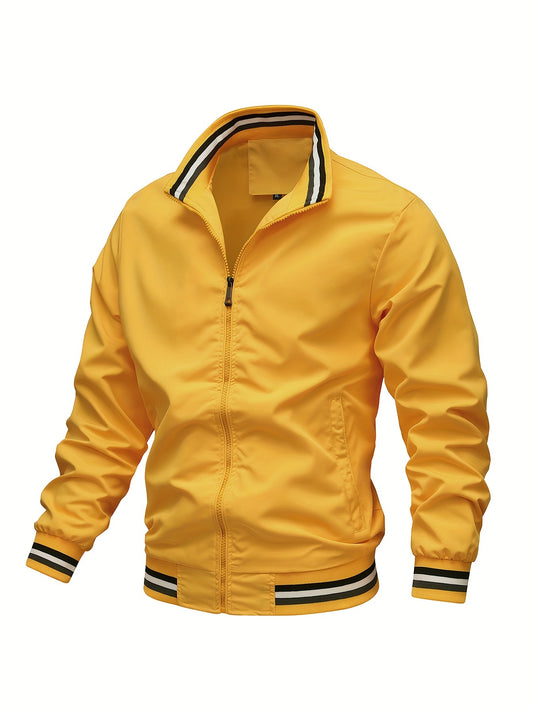 Stripe Edge Bomber Jacket, Men's Casual Stand Collar Zip Up Jacket For Spring Summer Outdoor