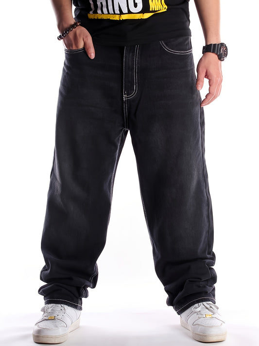 Men's Hip-Hop Style Extra-Long Jeans - Loose Fit, Casual Streetwear Denim Pants With Skateboard Detail, Machine Washable