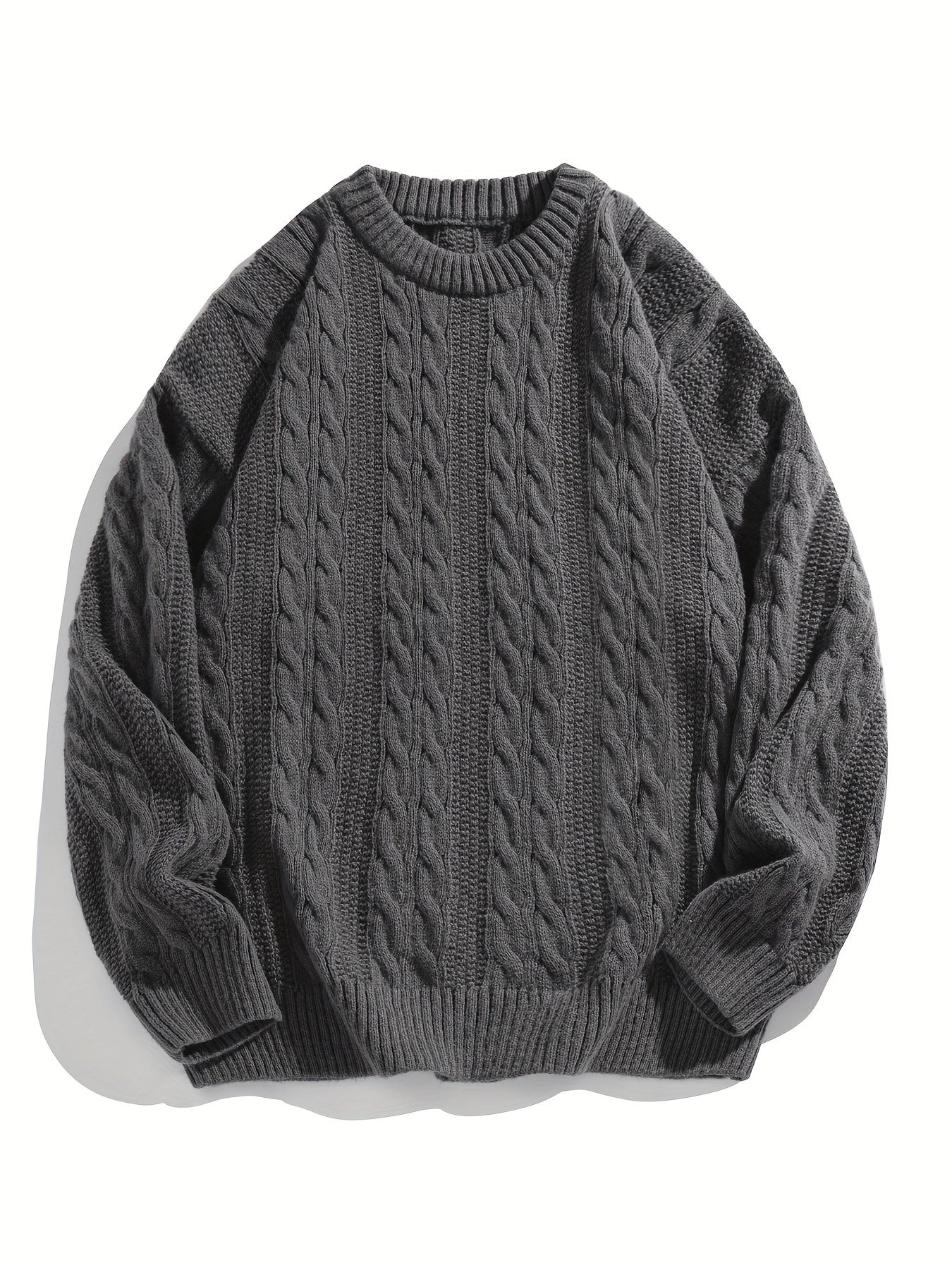 Cozy Men's Loose Fit Solid Color Cable Knit Sweater - Round Neck Pullover for Spring/Fall