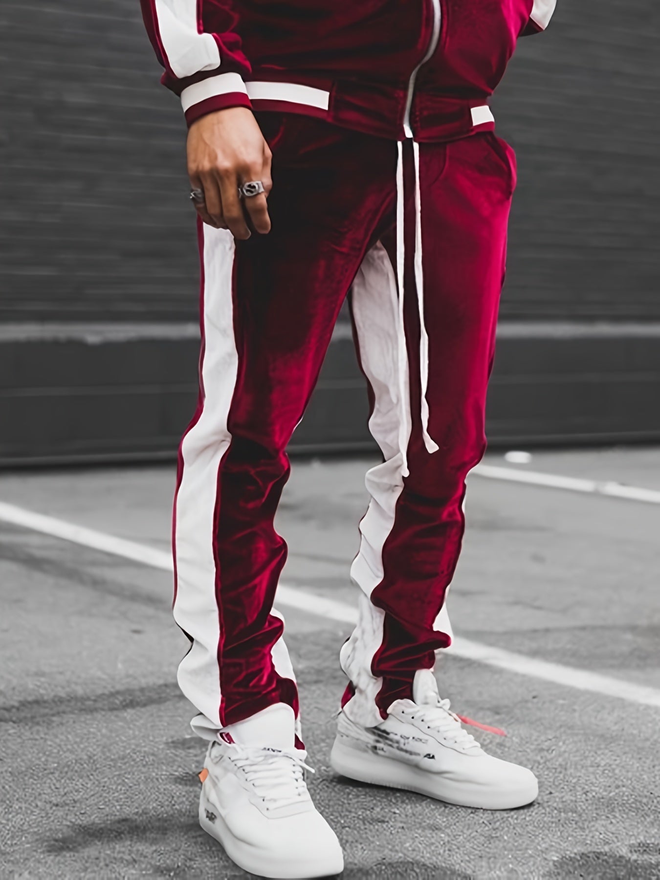 Men's Velvet Track Pants with Side Pockets - Color Block Polyester, Casual Style, Knit Fabric with Slight Stretch, Regular Fit