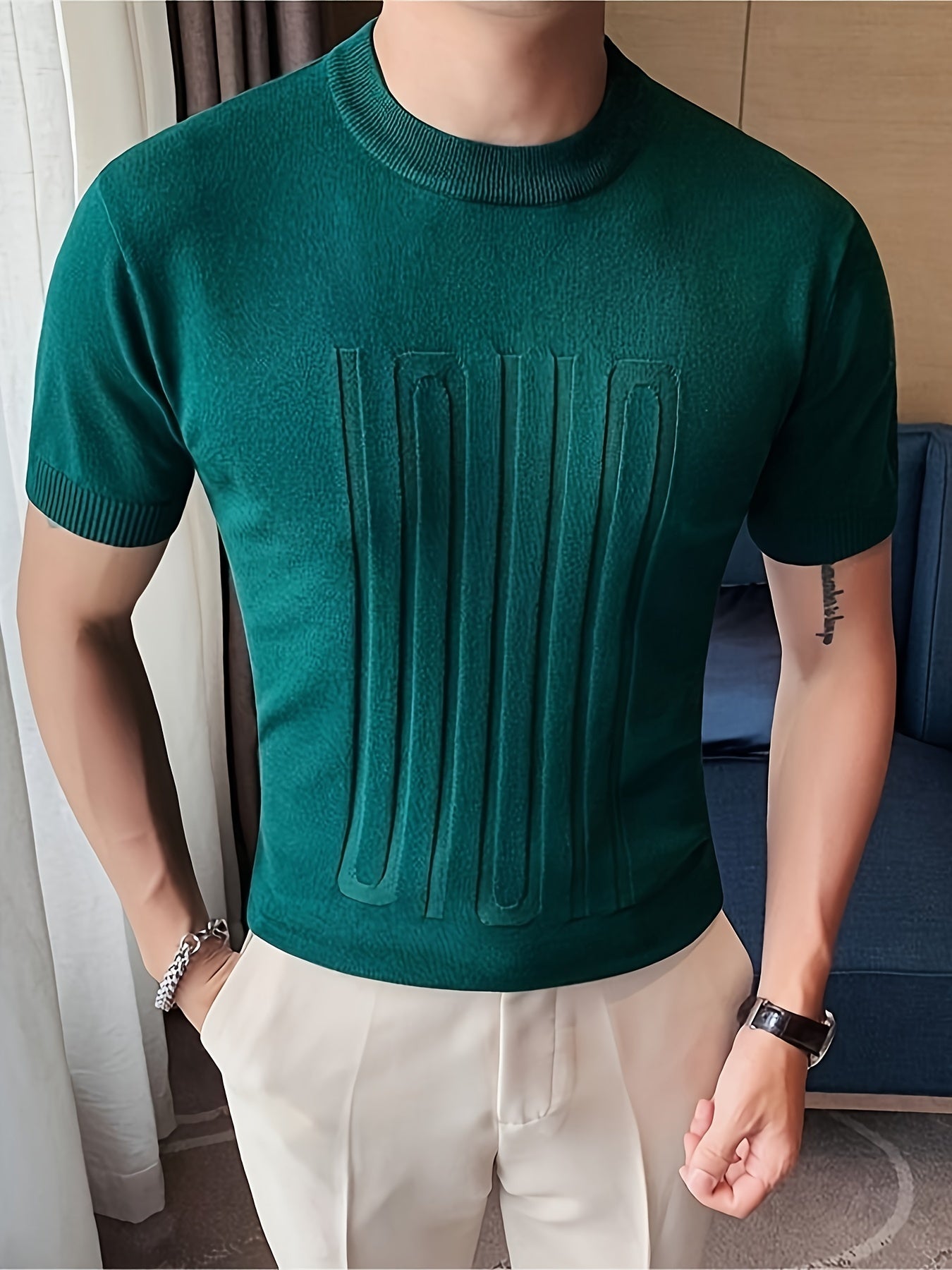 Chic Knit Short Sleeve Shirt, Men's Casual Mid Stretch Crew Neck Pullover Sweater For Spring Fall