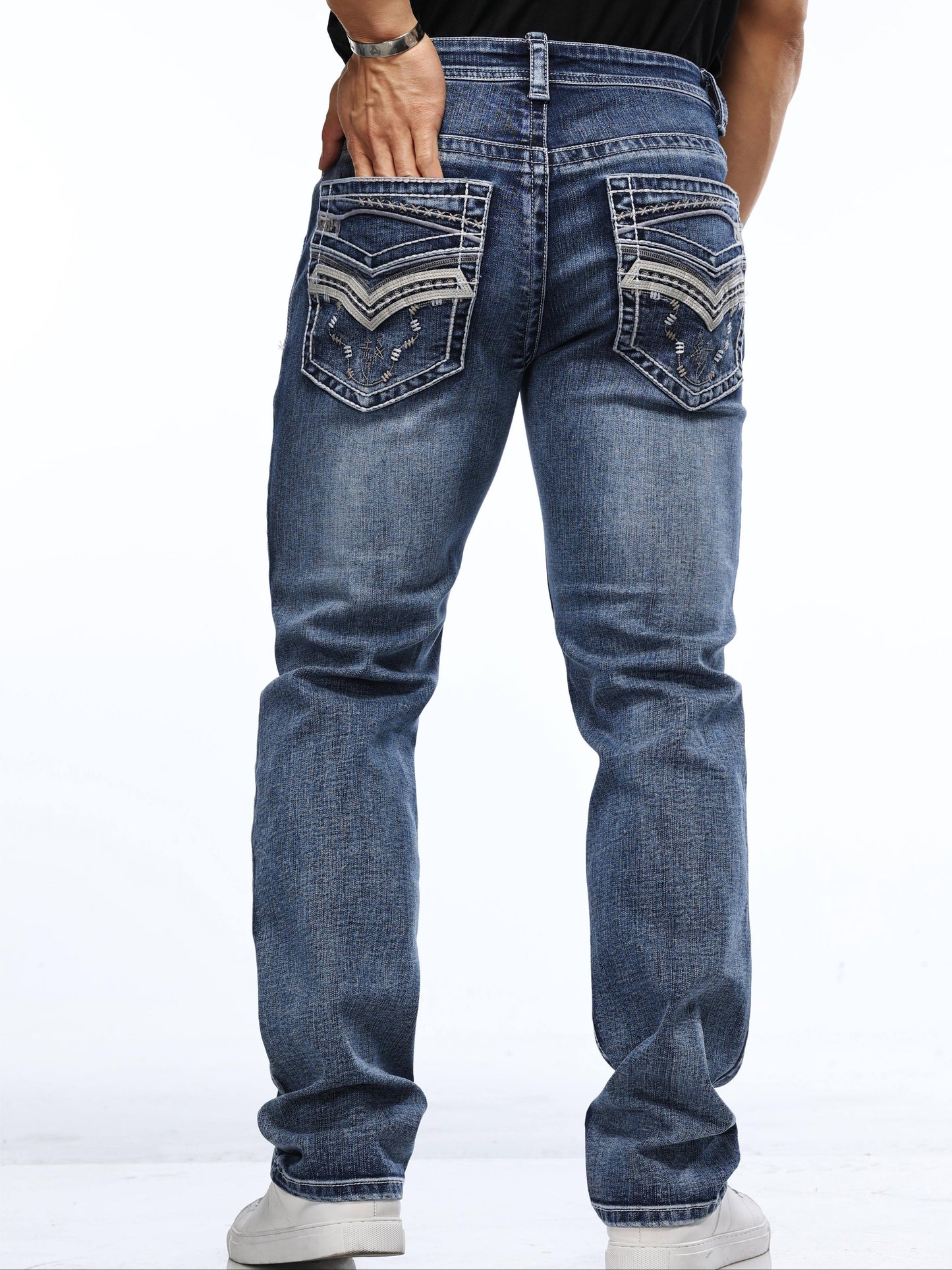 Stylish Retro Denim Pants for Men - Vintage Embroidered Design, Multiple Pockets, Casual Fashion Wear with Relaxed Fit and Soft Fabric