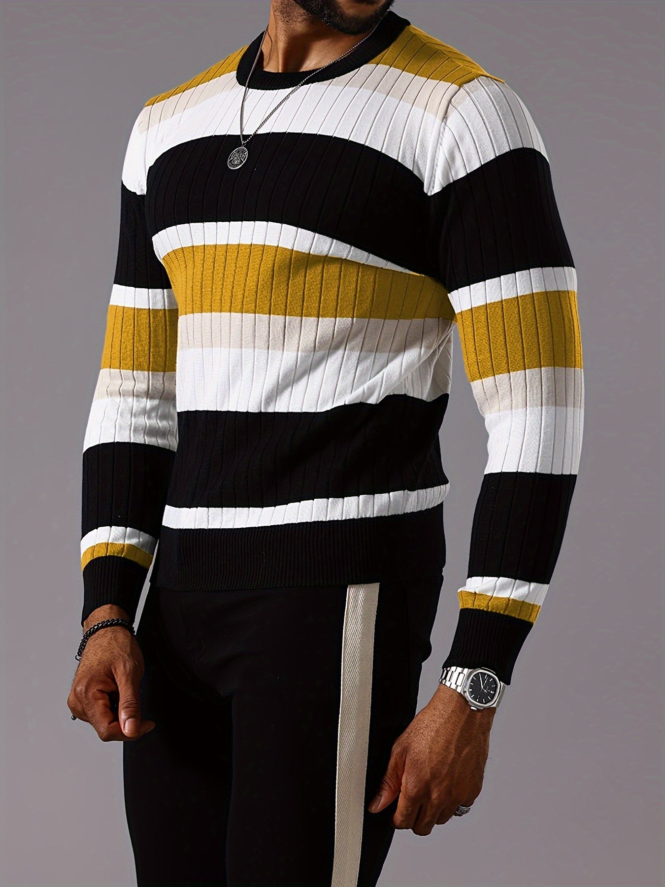 Men's Color Block Knitted Pullover, Casual Long Sleeve Crew Neck Sweater For Fall Winter