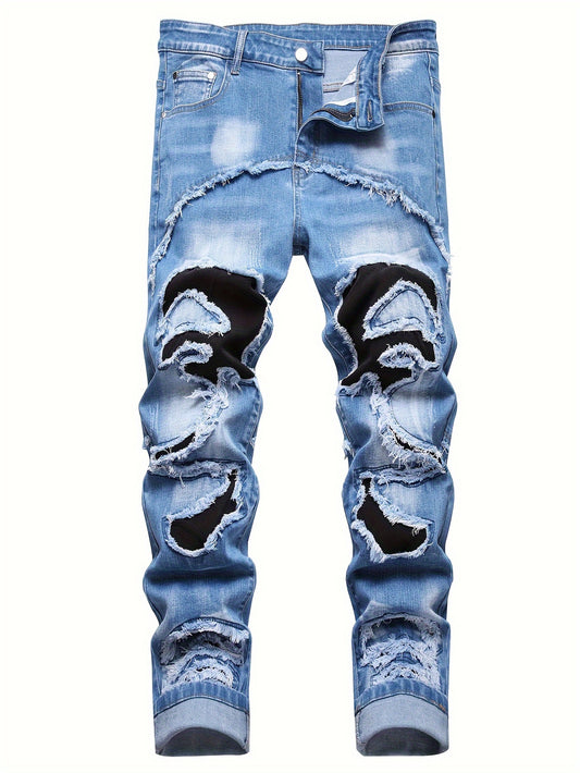 Men's Color Block Distressed Ripped Jeans, Fashion Street Style Denim Pants For Men, Versatile For All Seasons