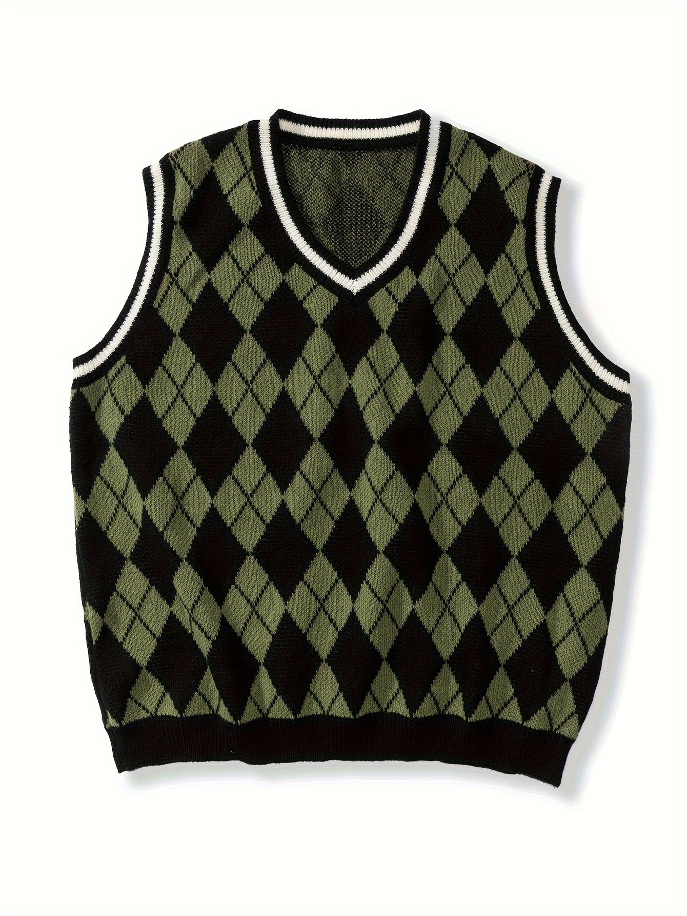 Rhombus Pattern High Stretch Knitted Vest, Men's Casual Vintage Style V Neck Vest For Fall Winter, K-pop