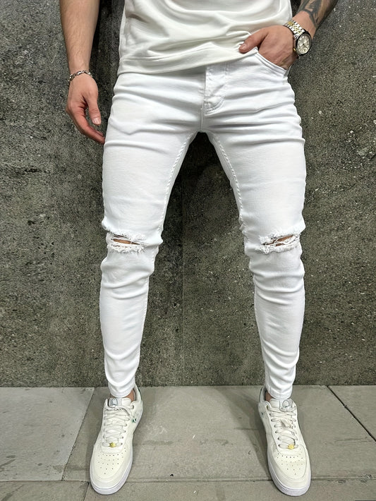 Skinny Fit Men's Casual Ripped Denim Pants, Versatile Street Style For All Seasons