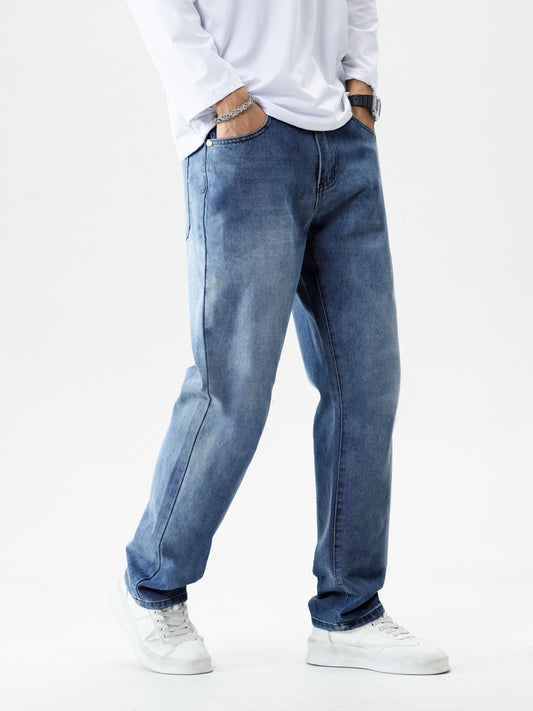 Men's Relaxed Fit Vintage Jeans - Casual Street Style Denim Pants with Multiple Pockets for Everyday Wear