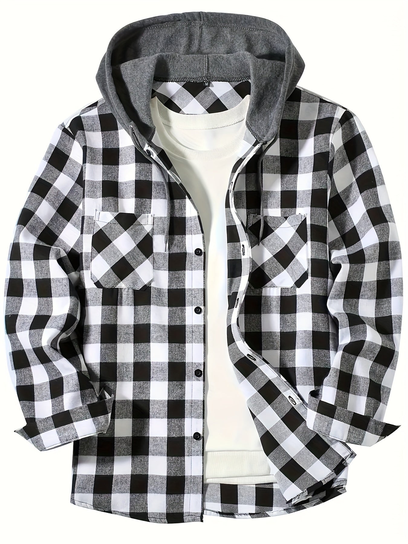 Stylish Plaid Hooded Shirt for Men - Long Sleeve Button-Up Casual Fashion Outerwear with Comfortable Fit, Classic Design, and Versatile Style for Everyday Wear