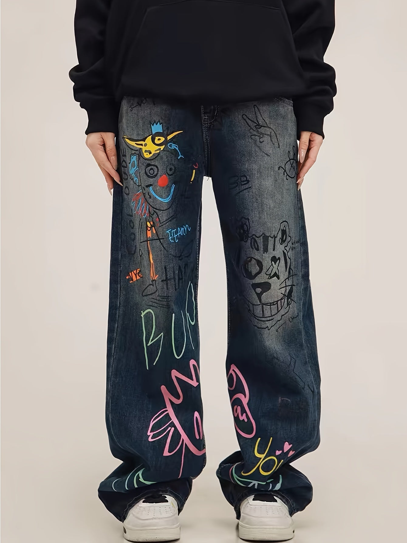 Men's Loose Fit Wide Leg Jeans With Fancy Graffiti Print, Men's Stylish Comfy Denim Pants, Street Style Fashion