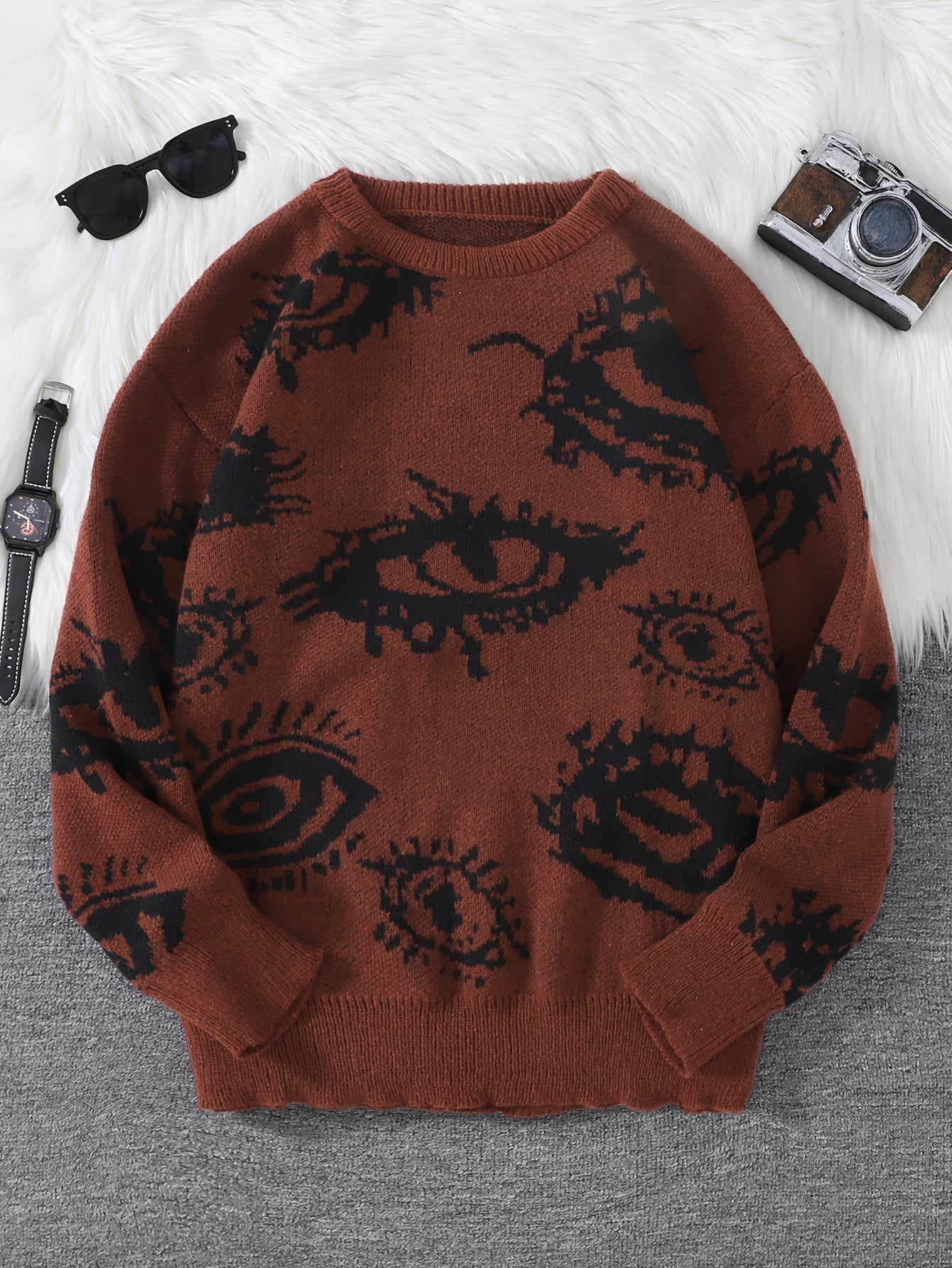 Men's Novelty Eyes Graphic Design Fall/Winter Sweater, Casual Round Neck Long Sleeve Knit Pullover Tops