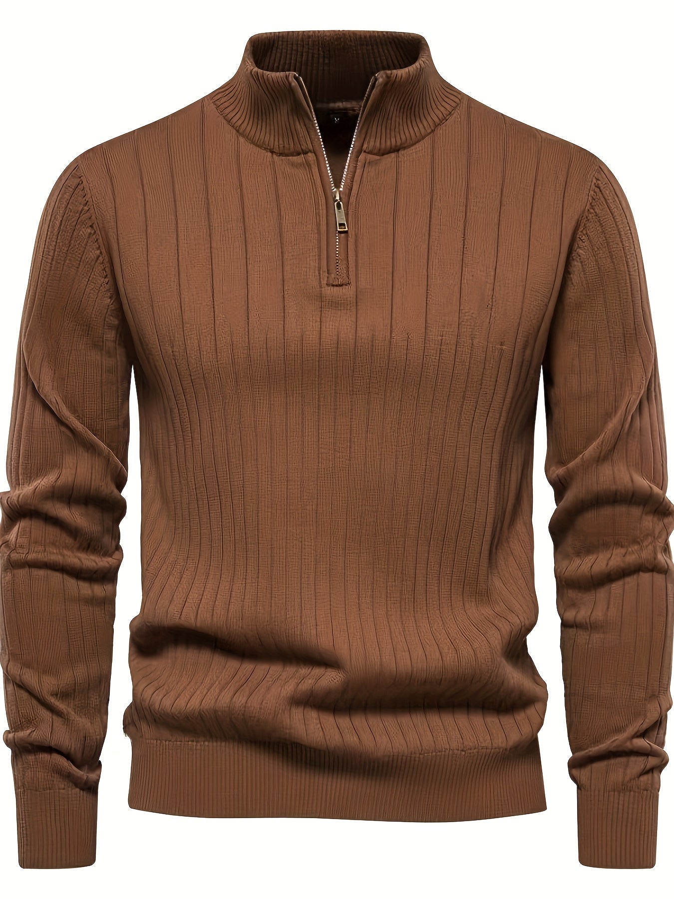 Men's Casual Zip-Up Stand Collar Sweater - Solid Color, Stretch Knit Pullover for Fall/Winter