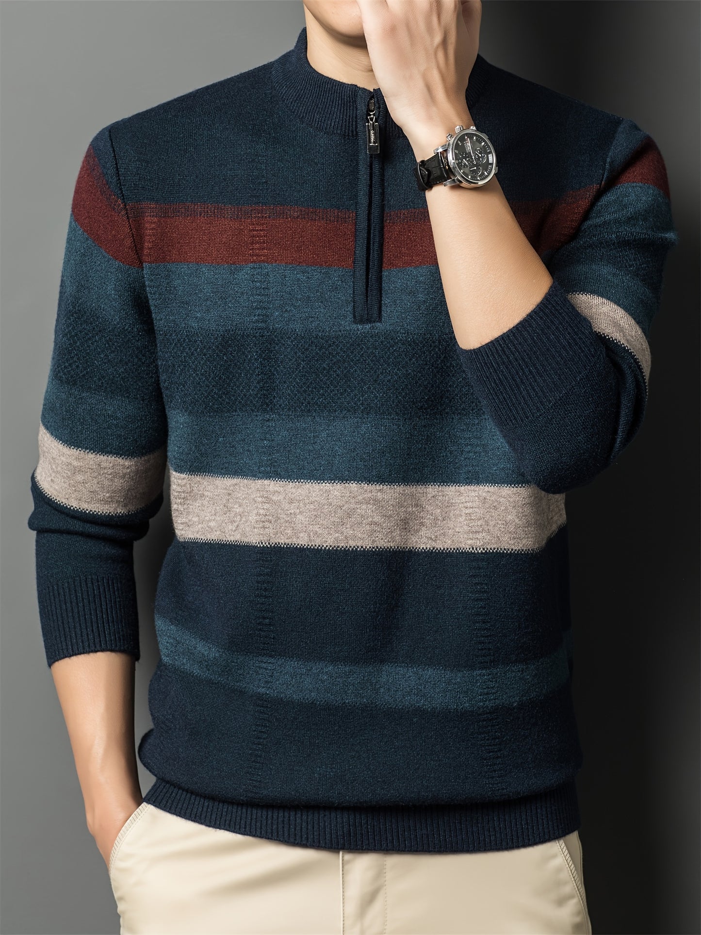 Cozy Mens Striped Knit Sweater - Fashionable Half-Zip Pullover with High Stretch - Perfect for Fall Winters Versatile Style