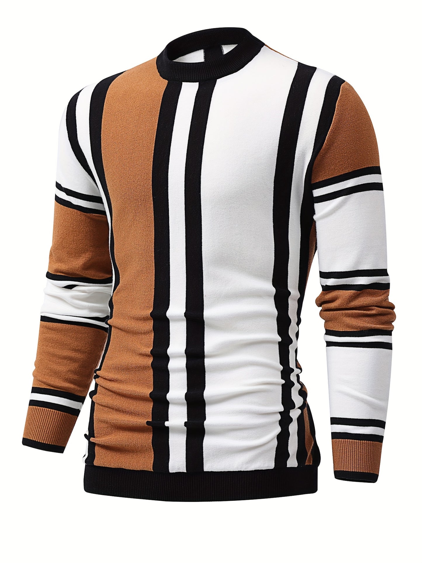 Color Block Design Chic Sweater, Men's Casual Warm High Stretch Crew Neck Pullover Sweater For Fall Winter