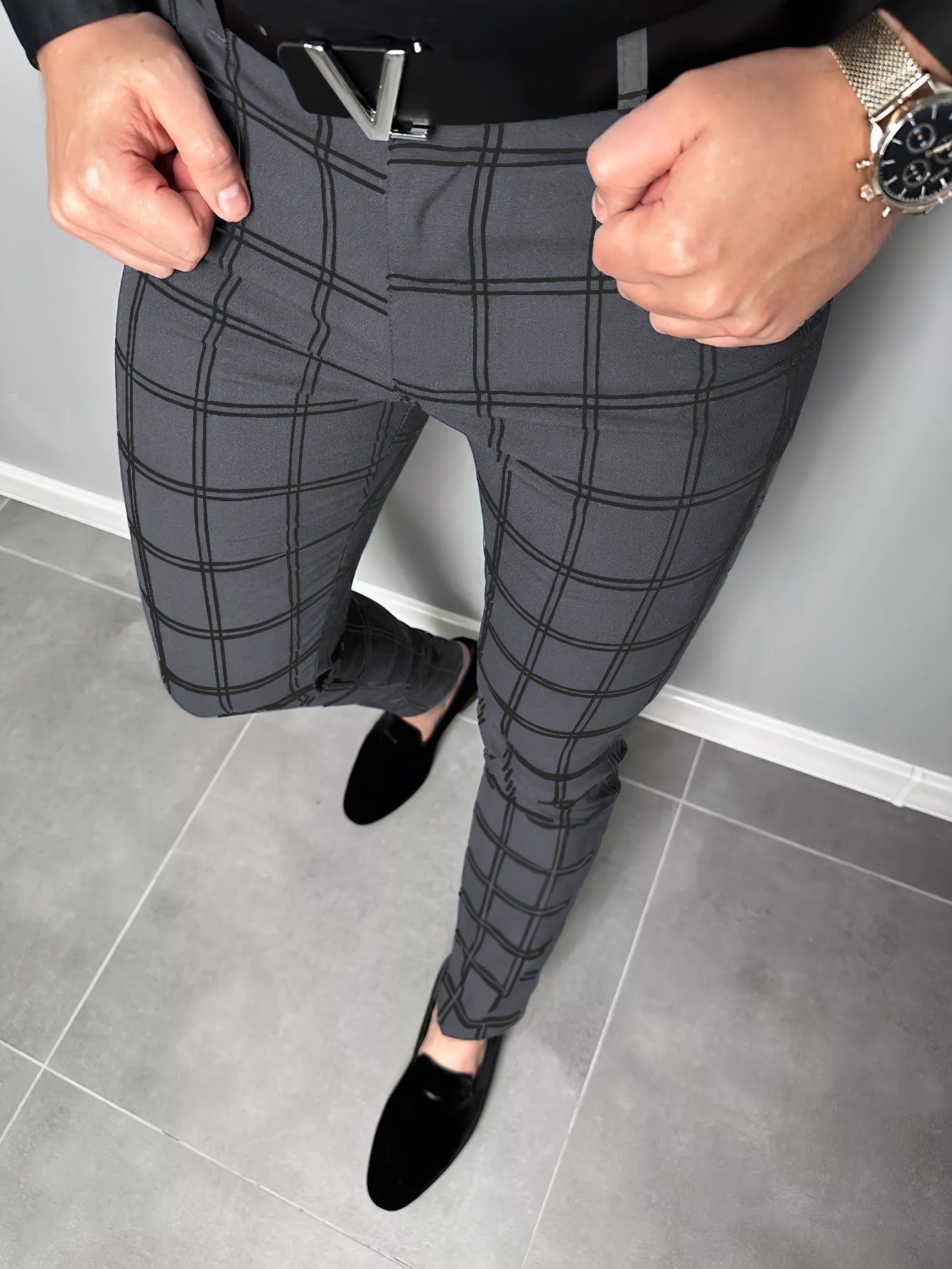 Mens Plaid Slim-Fit Dress Pants - Comfort Stretch, Vintage-Inspired Casual to Business Attire