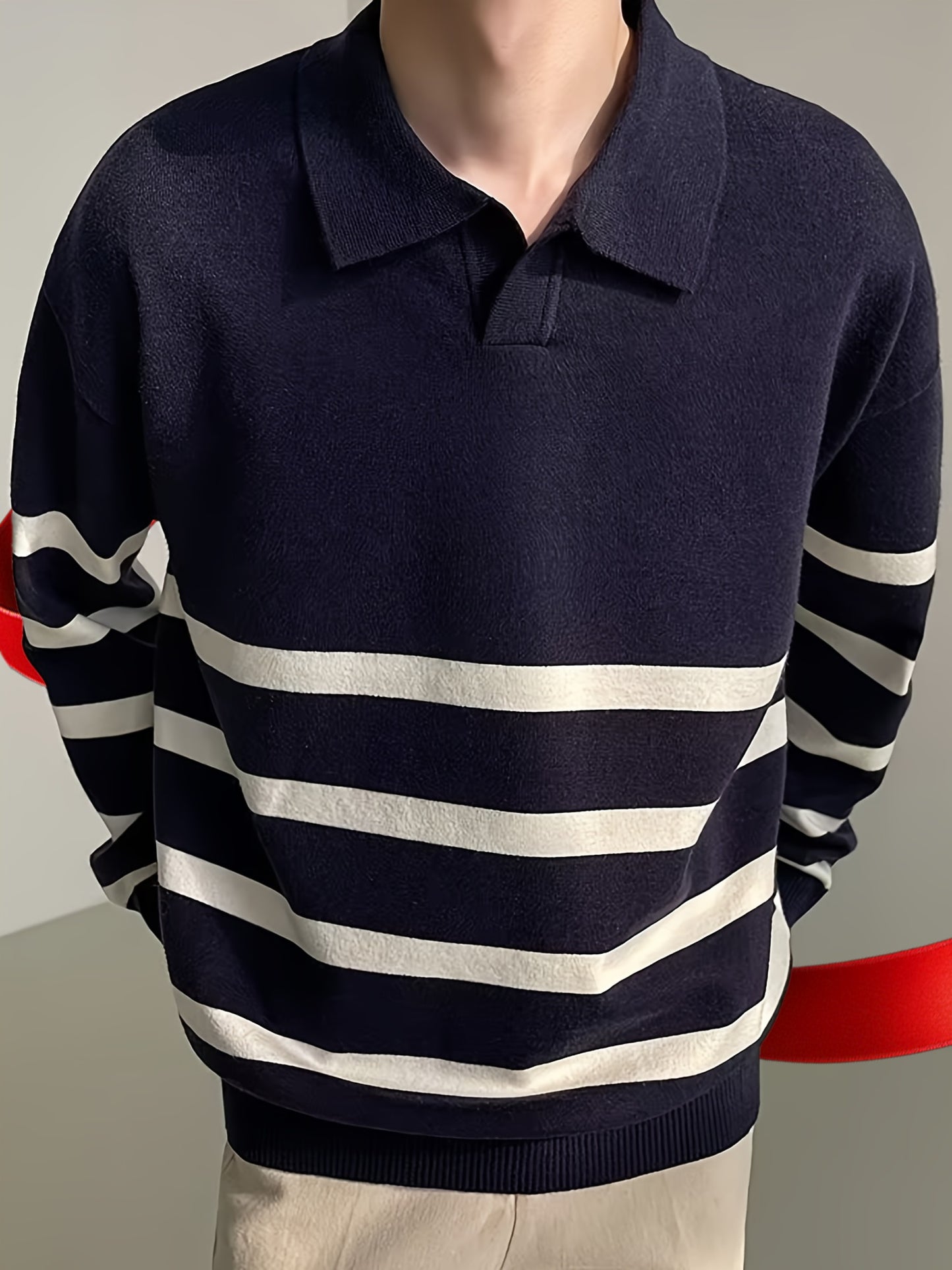 For Autumn And Winter, Long Sleeve Men's Color Blocking Striped Golf Shirt, Casual Stylish Top As Gift