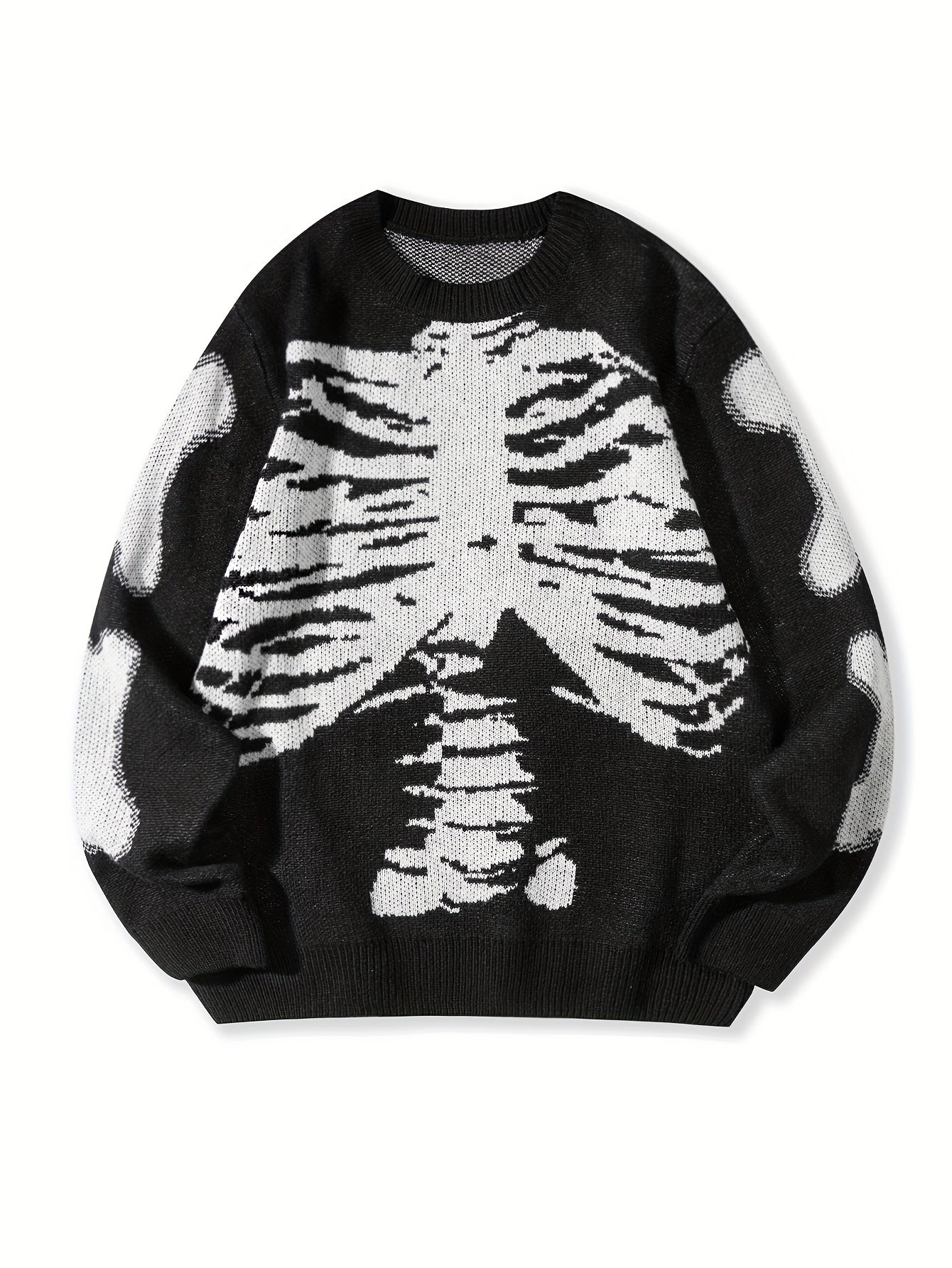 Skeleton Pattern Knitted Sweater, Men's Casual Warm Mid Stretch Crew Neck Pullover Sweater For Men Fall Winter