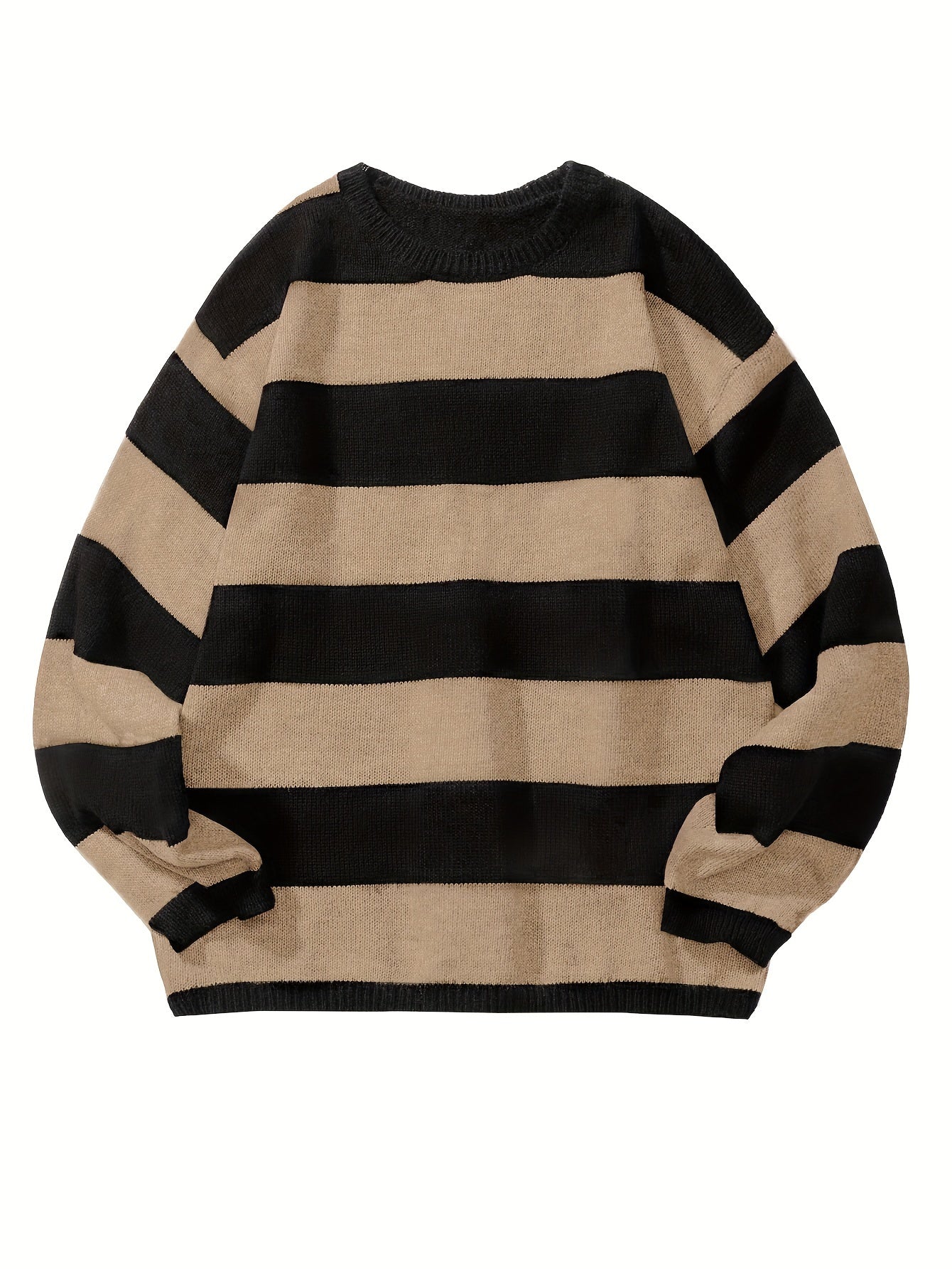 Preppy Retro Striped Pattern Knitted Sweater, Men's Casual Warm Slightly Stretch Crew Neck Pullover Sweater For Men Fall Winter, K-pop