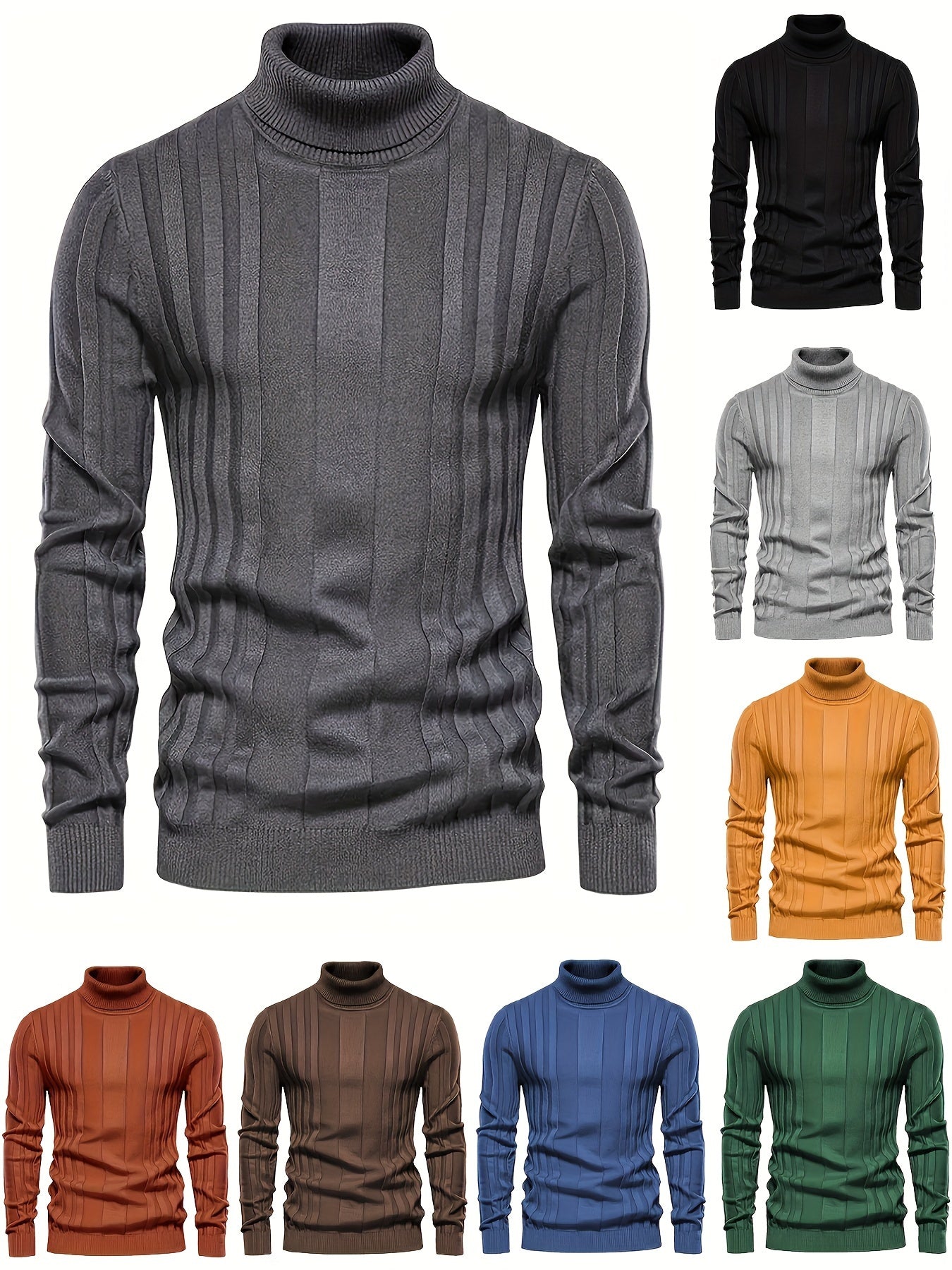 Turtleneck Knitted Sweater, Men's Casual Warm Solid High Stretch Pullover Sweater For Fall Winter