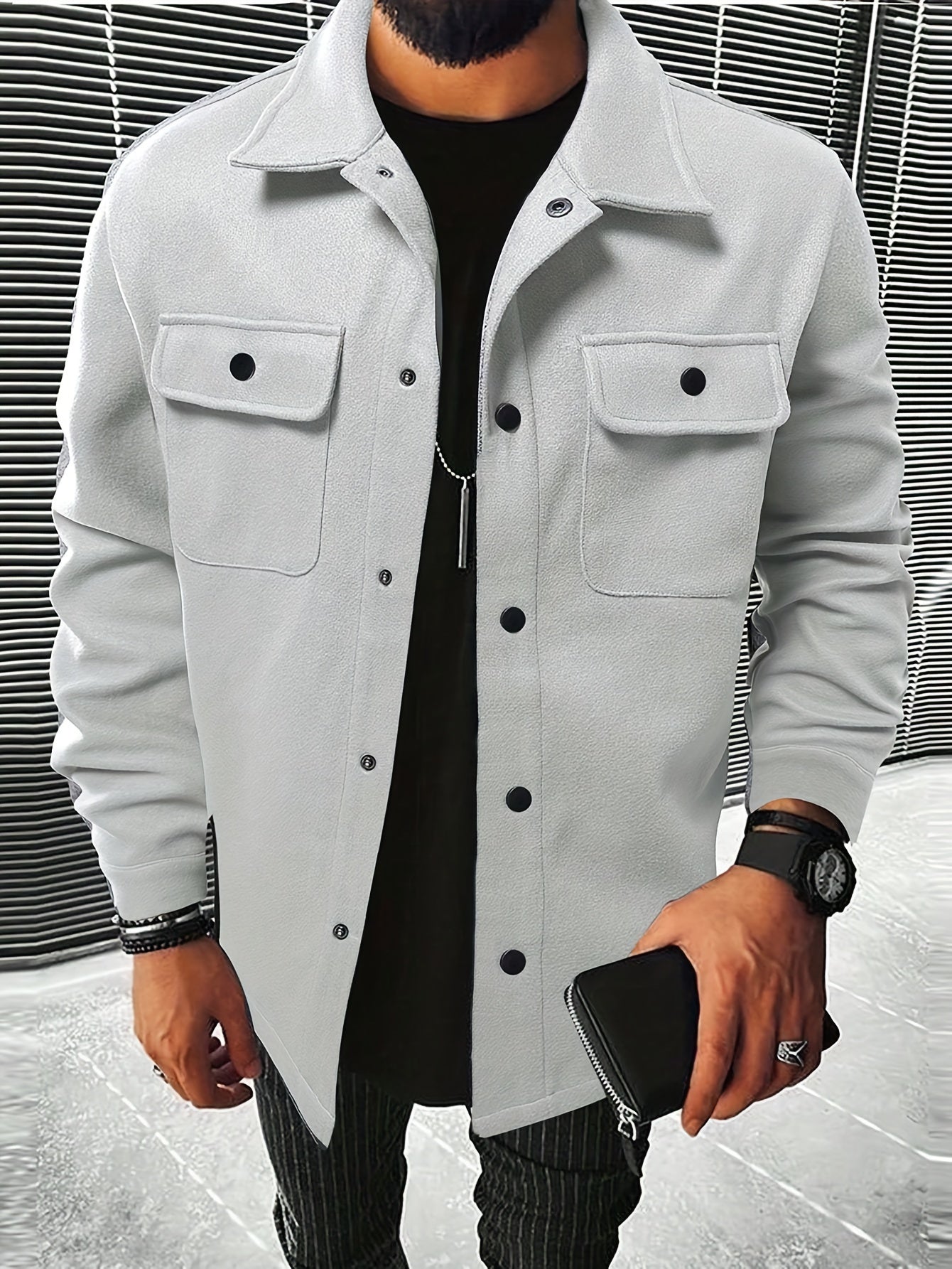 Men's Casual Flap Pocket Jacket, Chic Button Up Mature Coat For Fall Winter