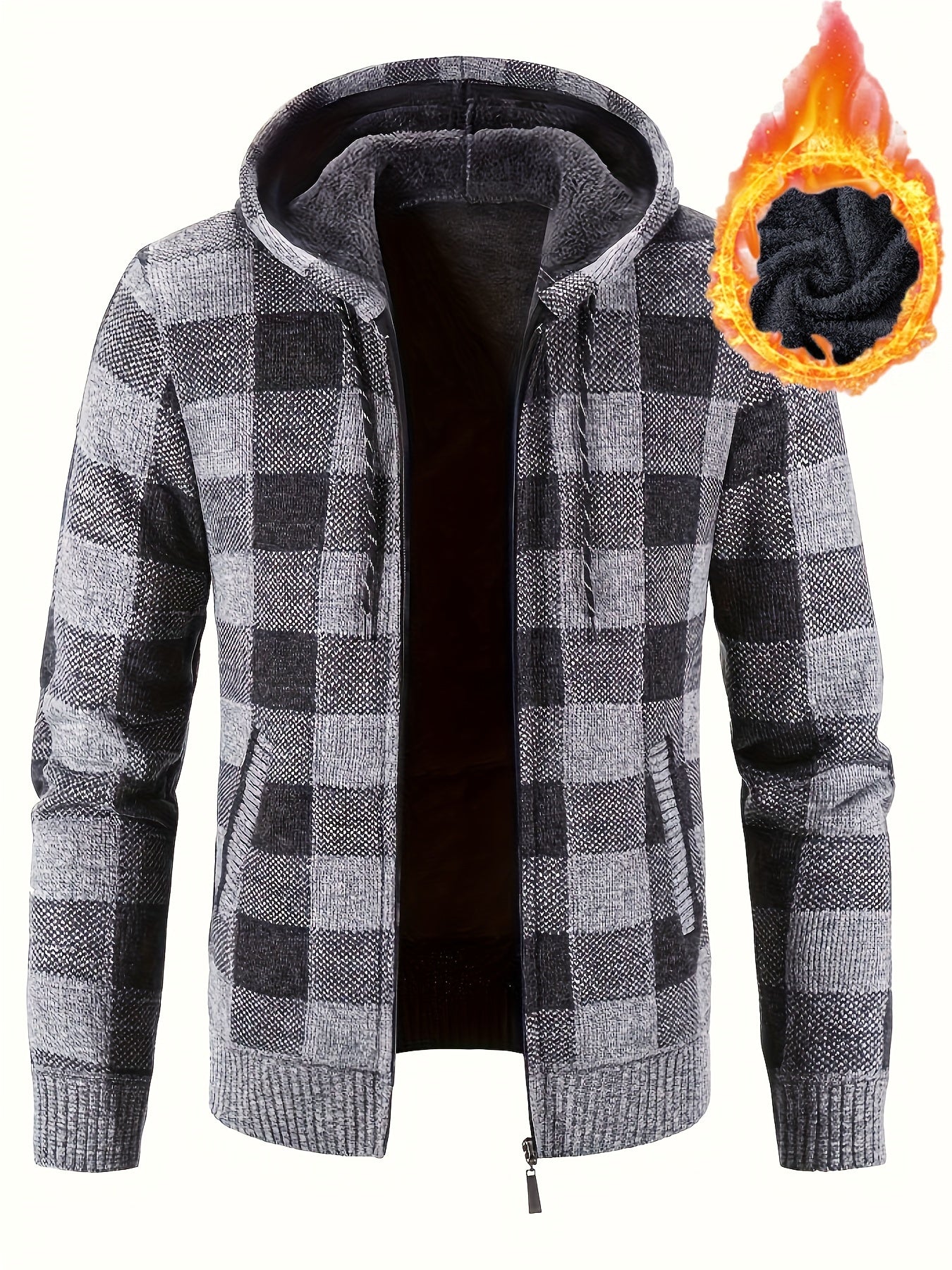 All Match Knitted Plaid Hooded Cardigan Jacket, Men's Casual Warm Slightly Stretch Zip Up Jacket Coat For Fall Winter