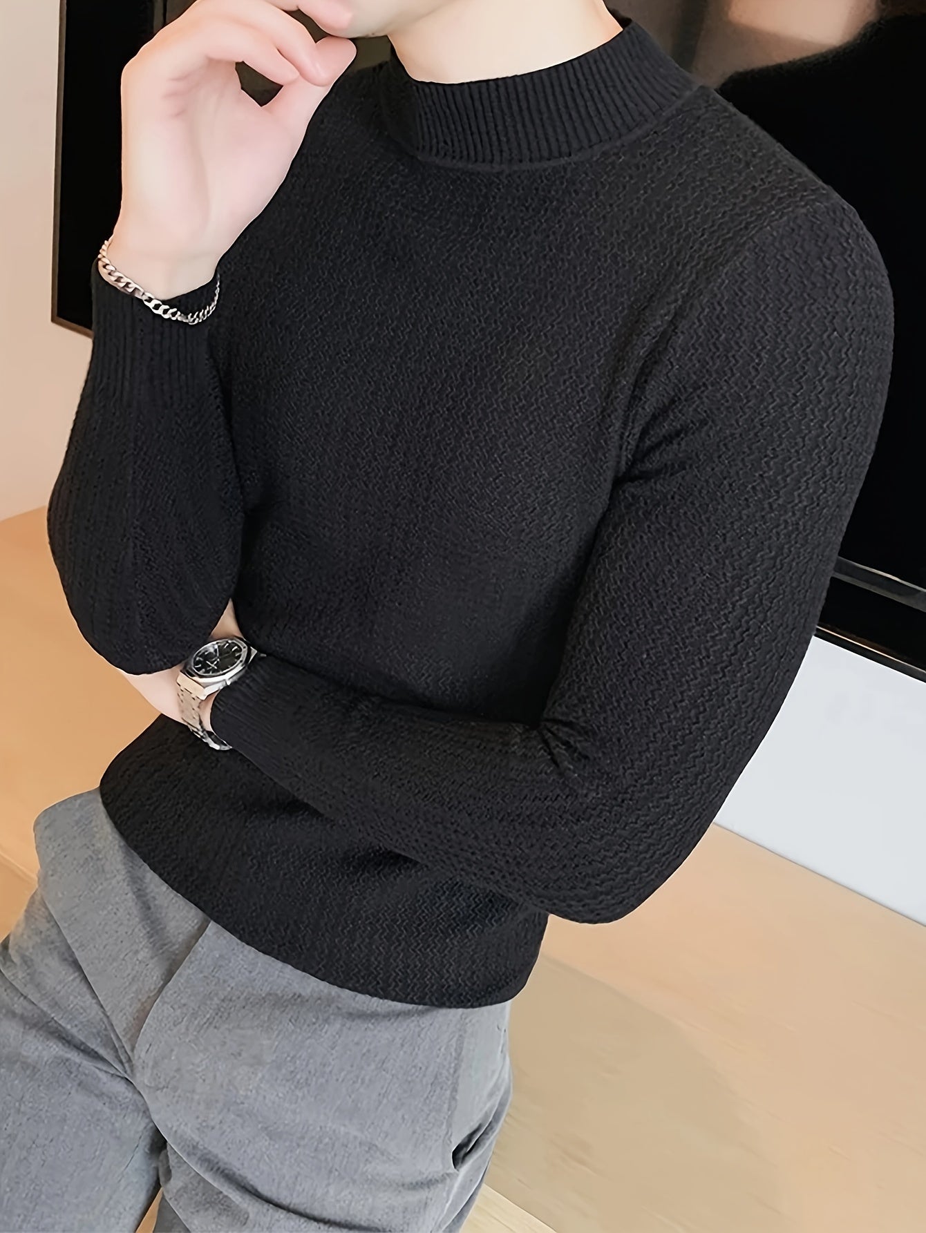 Cozy Solid Knit Pullover Sweater - 100% Cotton, Long Sleeve, Slim-Fit, Stand Collar, Perfect for Fall and Winter Seasons, Soft and Breathable, Classic Style for Casual Wear