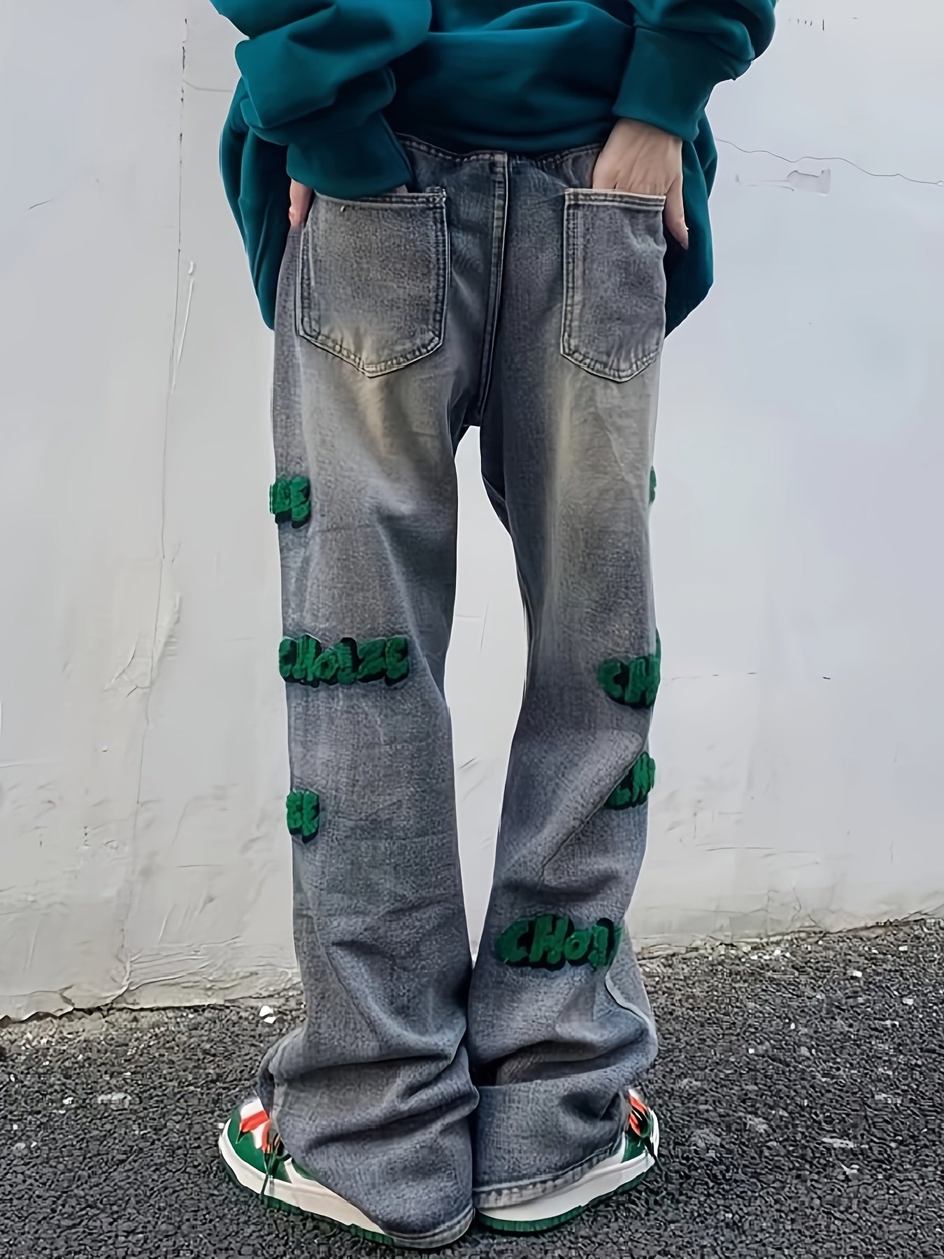 Trendy Alphabet-Embroidered Baggy Jeans for Men – All-Season Cotton Streetwear with Button Fly Comfort