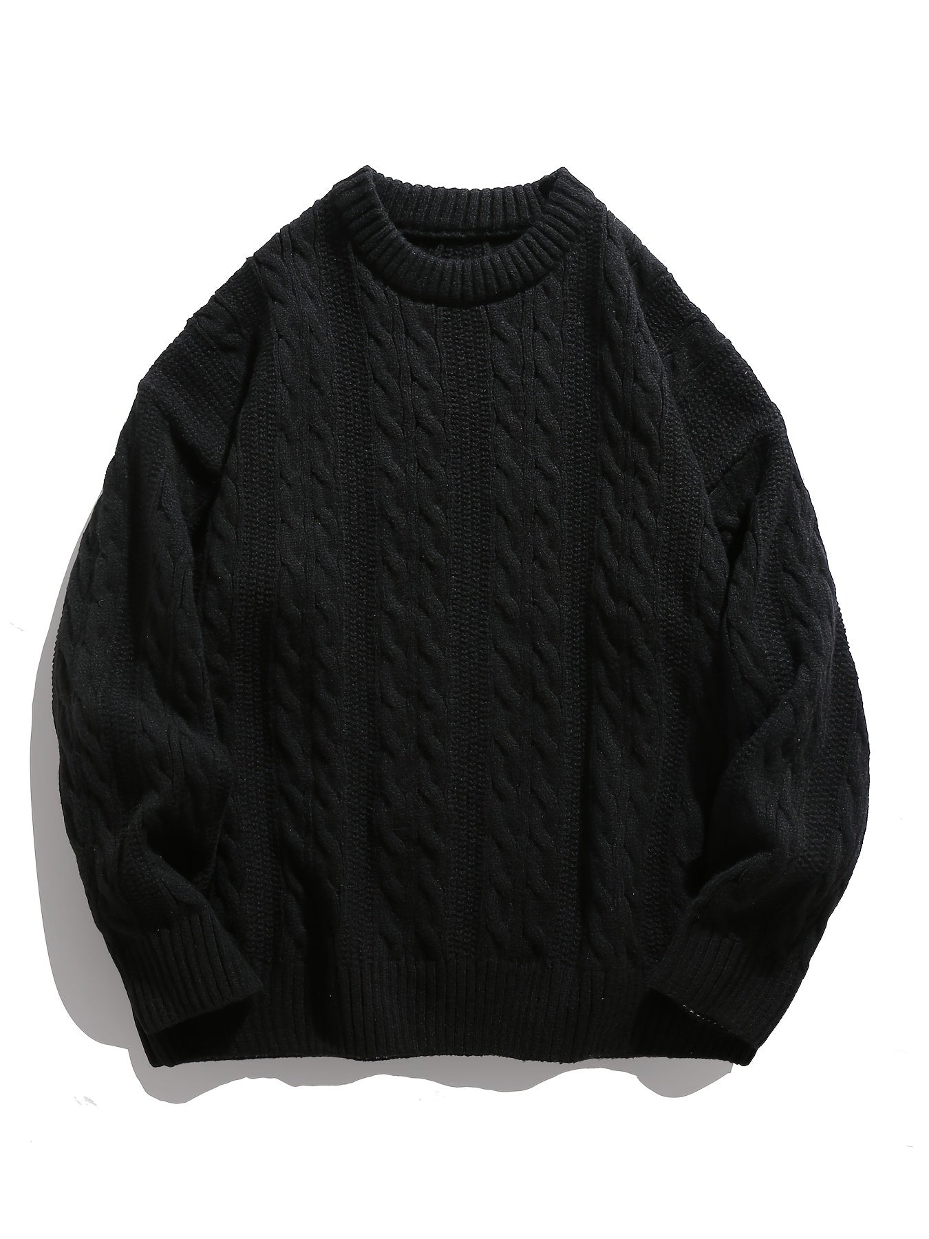 Cozy Men's Loose Fit Solid Color Cable Knit Sweater - Round Neck Pullover for Spring/Fall