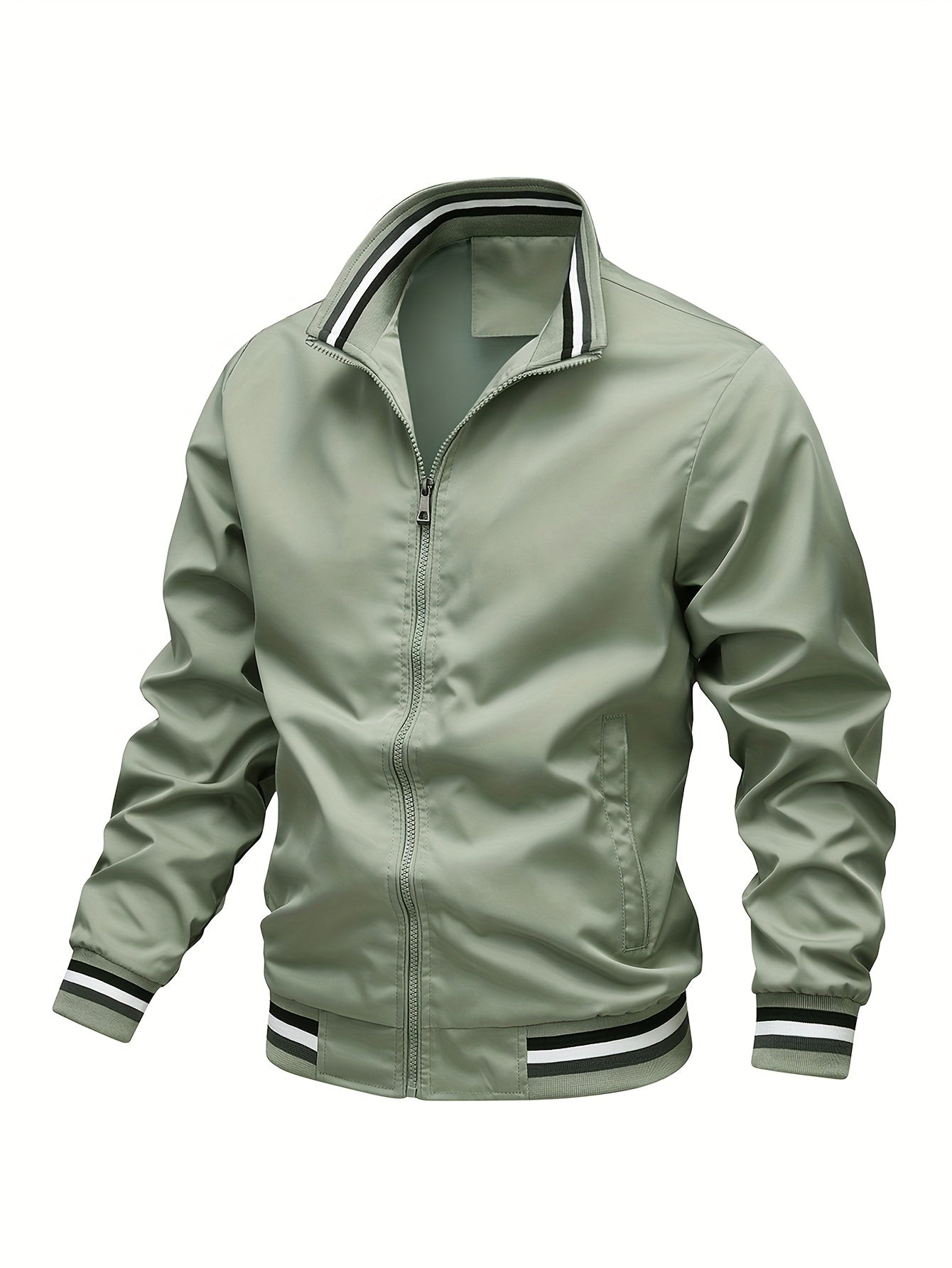 Stripe Edge Bomber Jacket, Men's Casual Stand Collar Zip Up Jacket For Spring Summer Outdoor