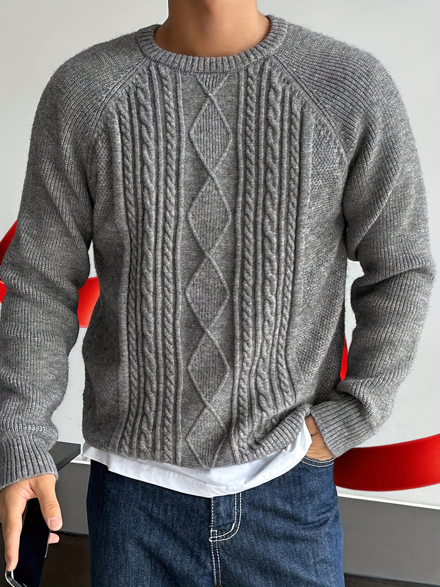 Men's Stylish Solid Color Twist Knit Sweater - Pullovers with Versatile Long Sleeve, Trendy Textured Design, and Cozy Fit for Autumn and Winter - Perfect Gift Idea for Him