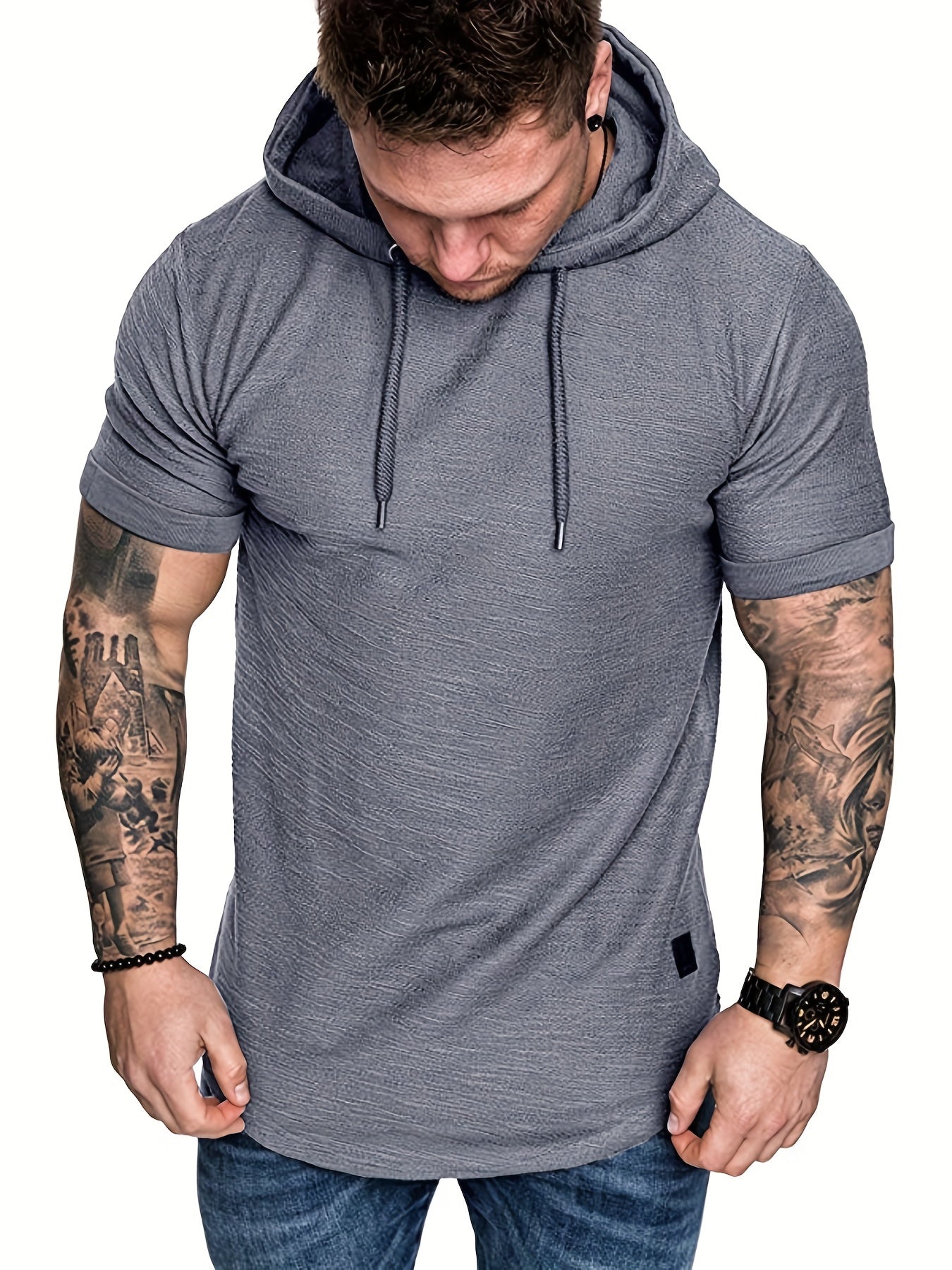 Comfort-Fit Men's Short Sleeve Hoodie - Breathable Knit, Solid Color, Durable & Easy-Care Sports T-shirt