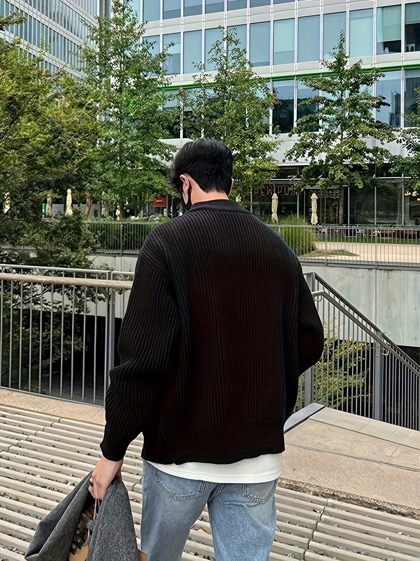 Men's Stylish Solid Loose Knitted Cardigan, Casual High Stretch Breathable Long Sleeve Stand Collar Zip Up Top For City Walk Street Hanging Outdoor Activities