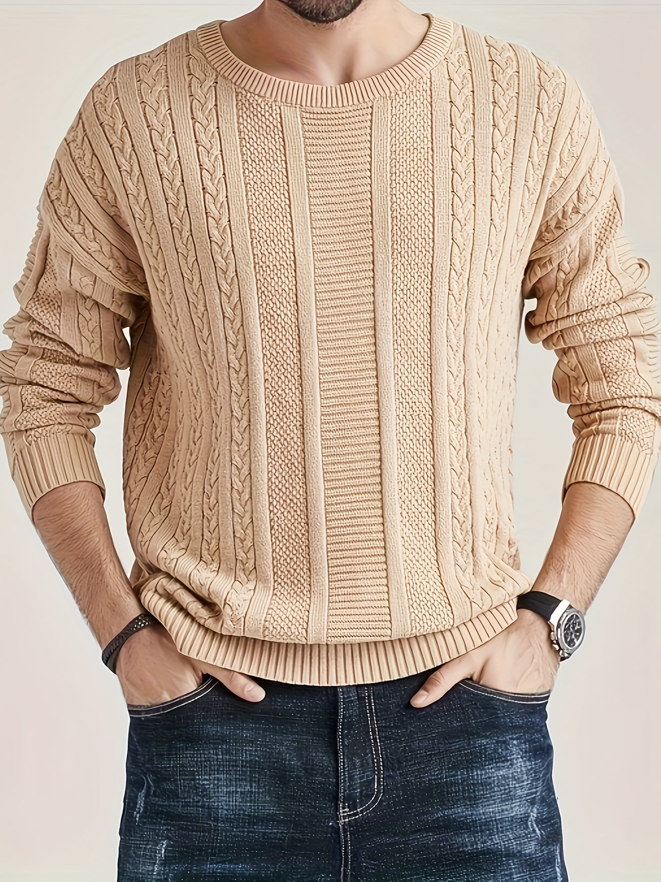 Men's Solid Knitted Pullover, Casual Long Sleeve Crew Neck Sweater For Fall Spring