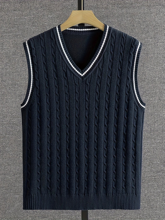 Men's Fashion V-Neck Striped Sweater Vest, Casual Sleeveless Knit Cardigan, Polyester, Stretchy, Striped Pattern, Slim Fit, for Fall/Winter