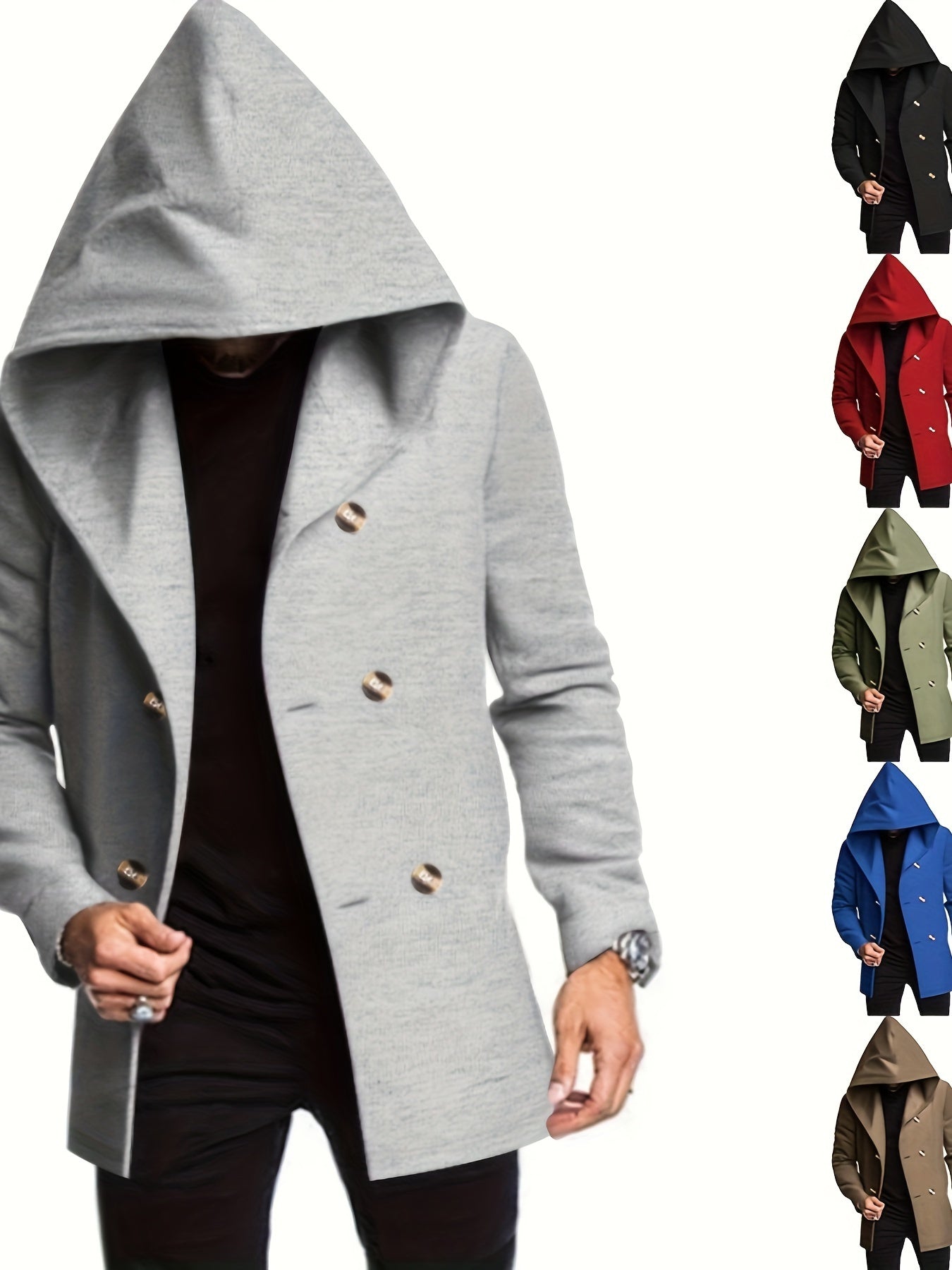 Men's Stylish Mid-Length Hooded Trench Coat - Soft Cotton Blend Knit Fabric with Slight Stretch for Comfort, Solid Color Long Sleeve Outerwear with Classic Button Details and Adjustable Cuffs for Spring/Fall Season