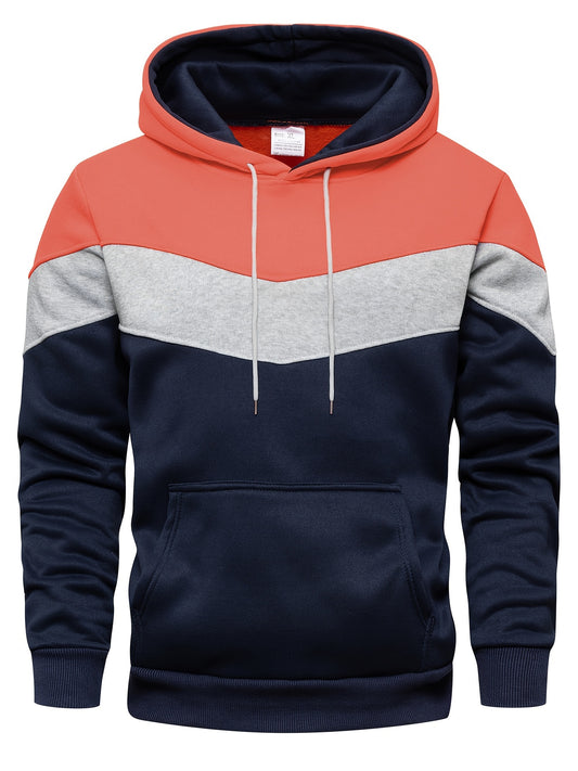 Mens Stretchy Patchwork Color Block Hoodie - Soft, Breathable, Regular Fit, Lace-Up Drawstring, Polyester Knit Fabric - Ideal for Spring and Fall