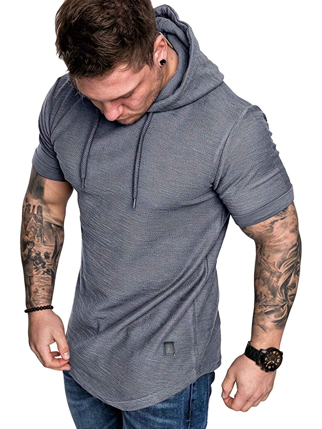 Comfort-Fit Men's Short Sleeve Hoodie - Breathable Knit, Solid Color, Durable & Easy-Care Sports T-shirt