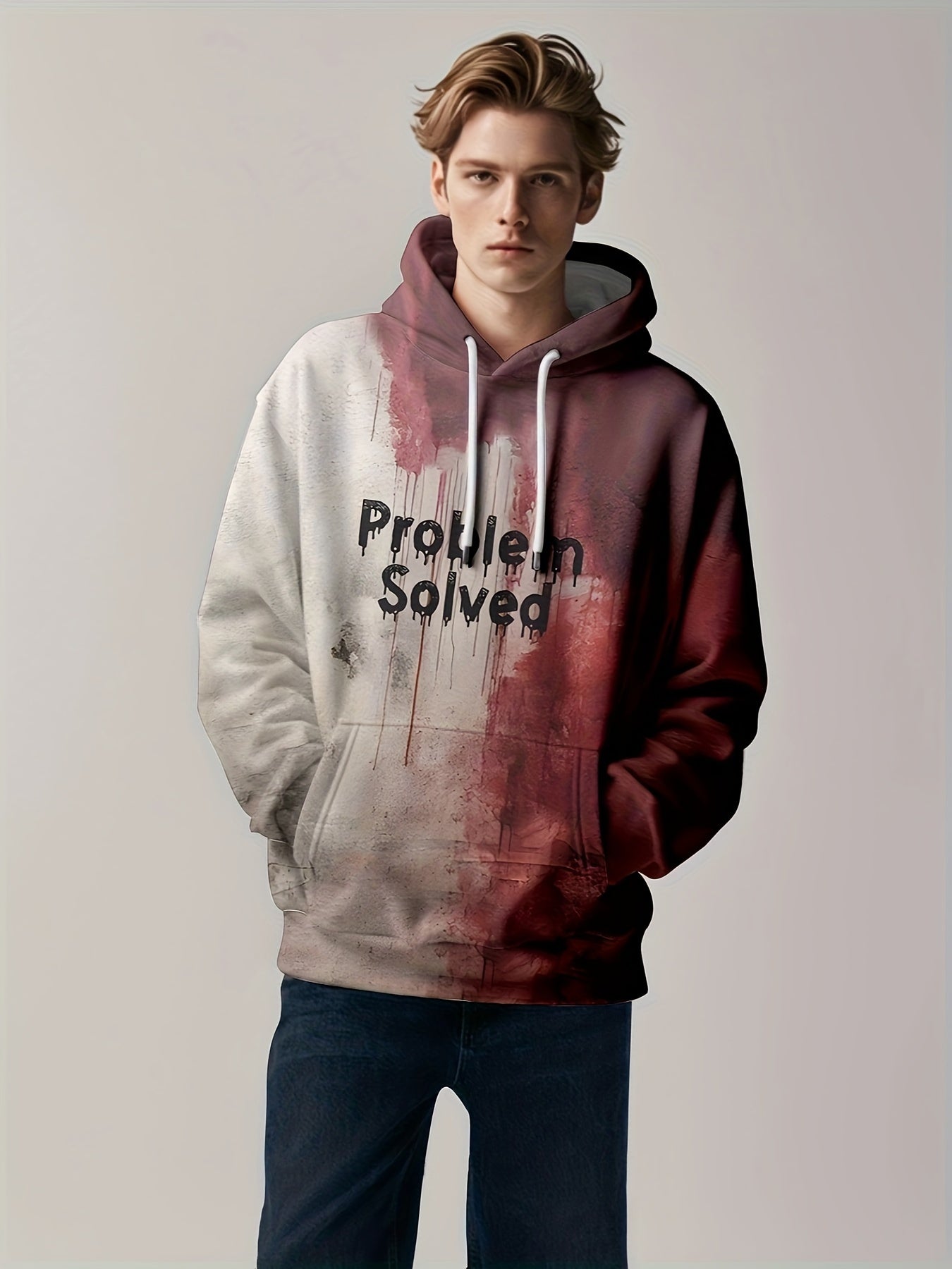 Men's Color Block Melting Text Print Hoodie With Kangaroo Pocket, Casual Long Sleeve Hooded Sweatshirt For Outdoor