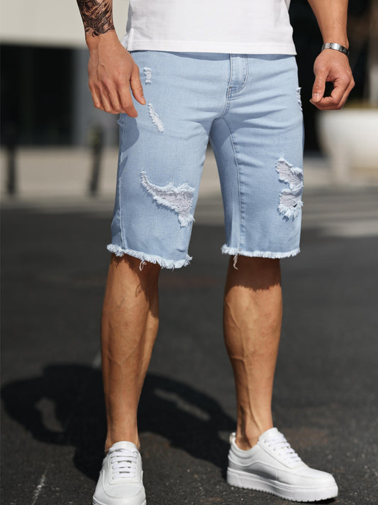 Mens Ripped Slim Fit Jorts - Soft Cotton Blend, Chic Street Style, Frayed Hem, Summer Bottoms, Comfortable, Breathable, and Stylish - Perfect for Casual Outdoor Activities