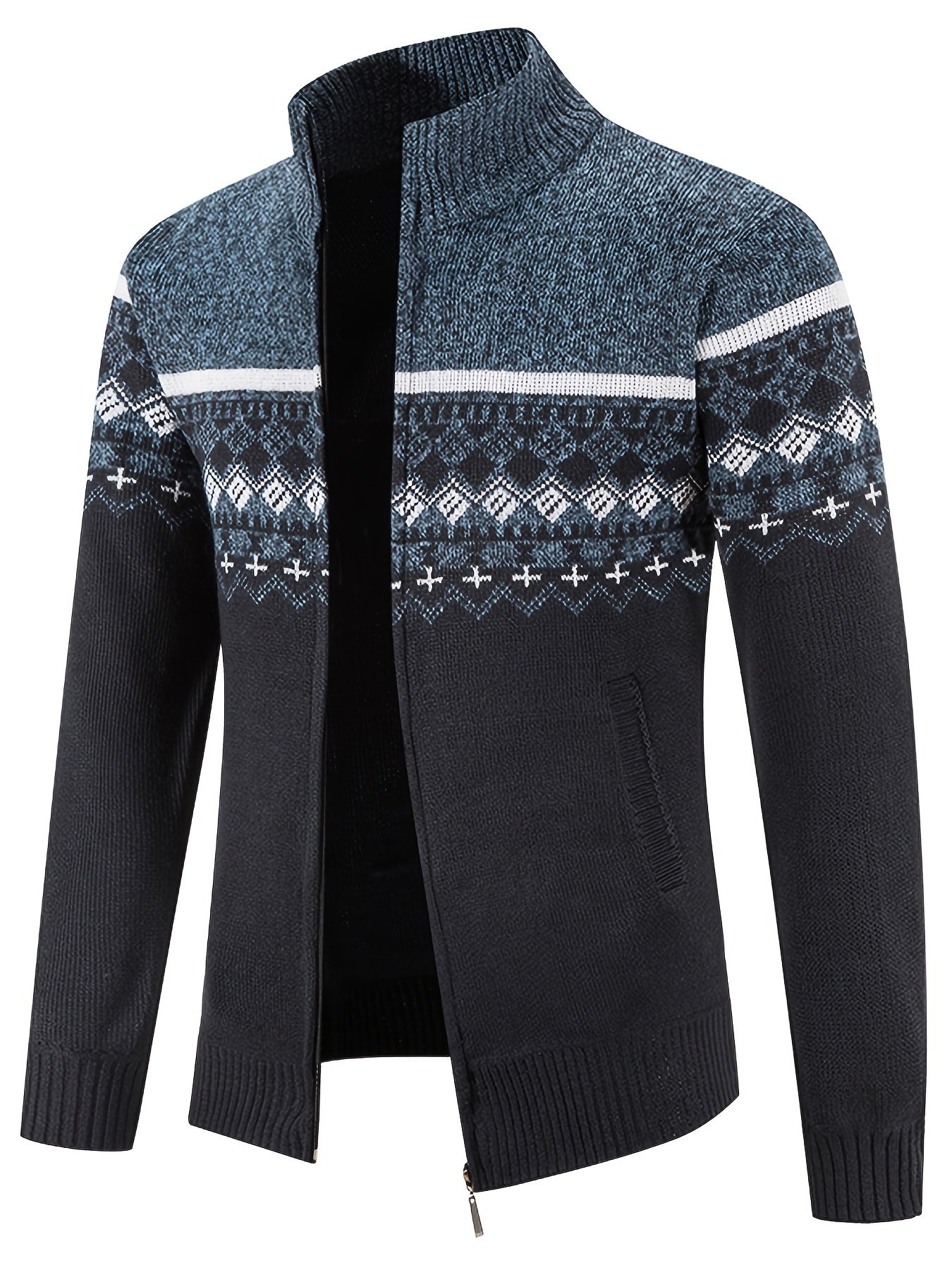 Men's Stand Collar, Knitting Thickened Warm Snowflake Cardigan