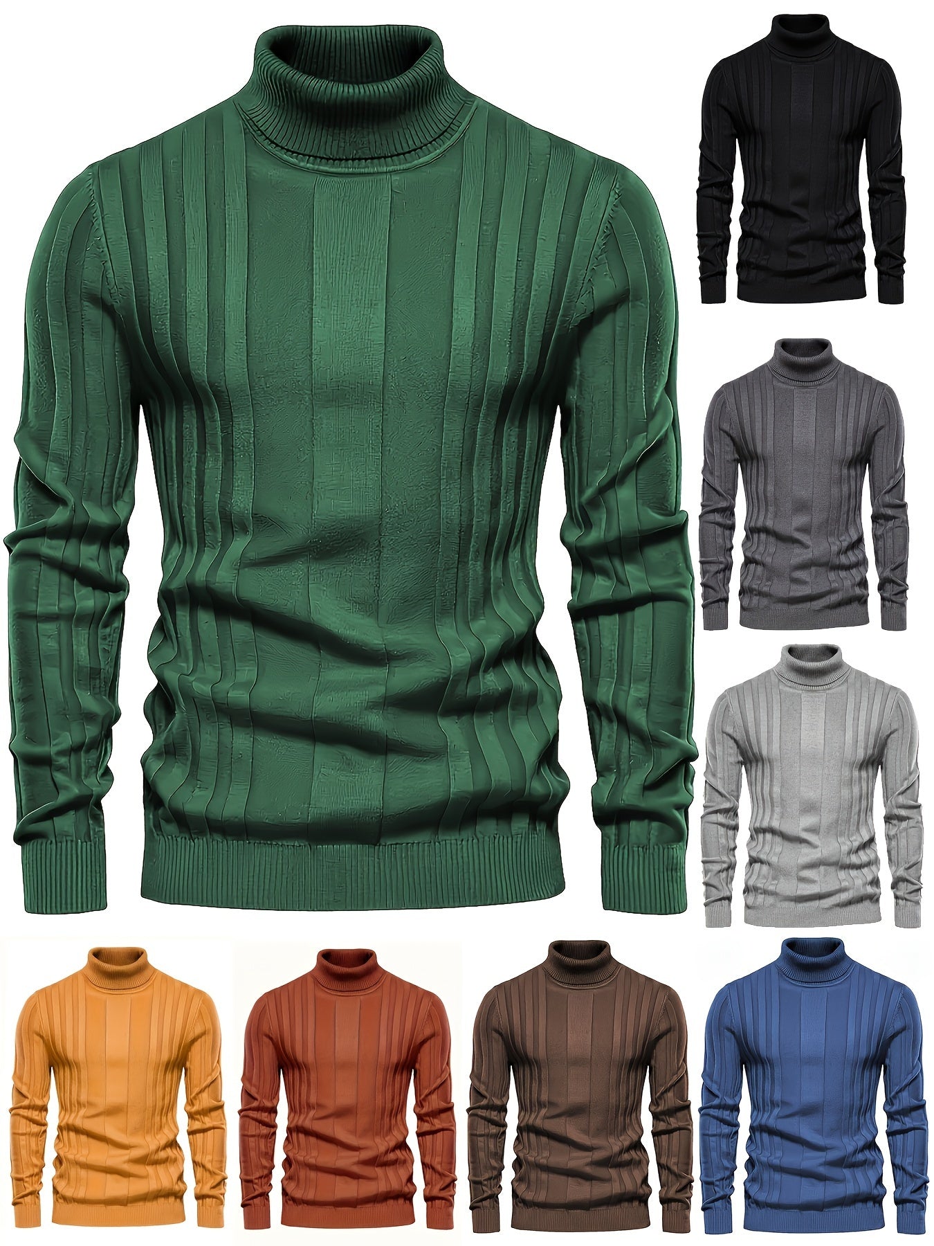 Turtleneck Knitted Sweater, Men's Casual Warm Solid High Stretch Pullover Sweater For Fall Winter