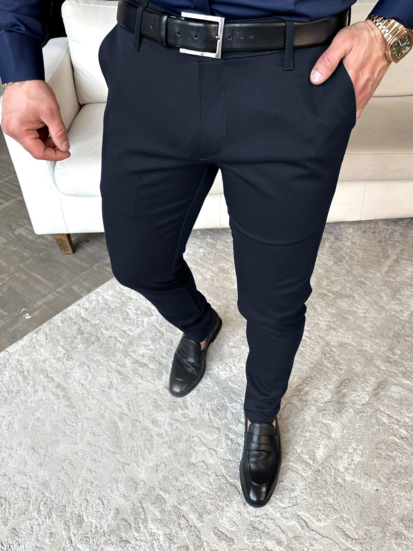 Hundred Foot Solid Color Slim Fit Pencil Pants - Men's Dress Pants for Business Casual Daily Wear - Europe and US Style Fashion, Old Money Inspired, Comfortable and Versatile